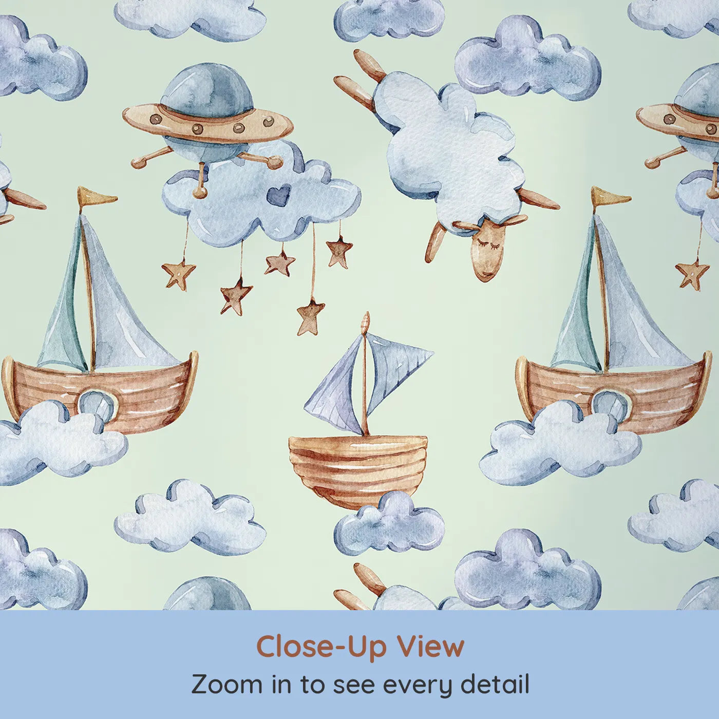 Close-up view of Whimsy Tots' Cloud Sailor Dreams Wallpaper in Mint Green (W3280D).Sailboats and starlit clouds float gently across a minty sky of dreams.