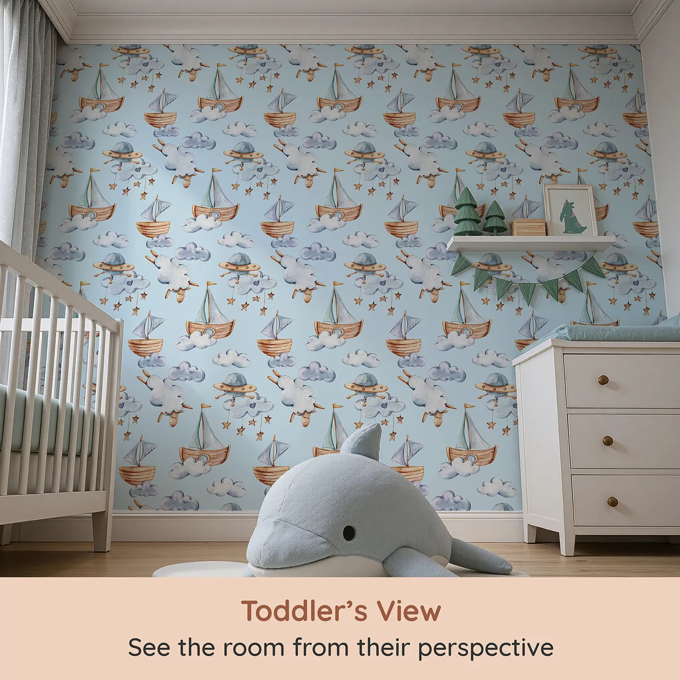 Whimsy Tots Cloud Sailor Dreams Wallpaper in Blue (W3280E) from your child's view.Starry ships and sleepy sheep float gently through a sky-blue dream.