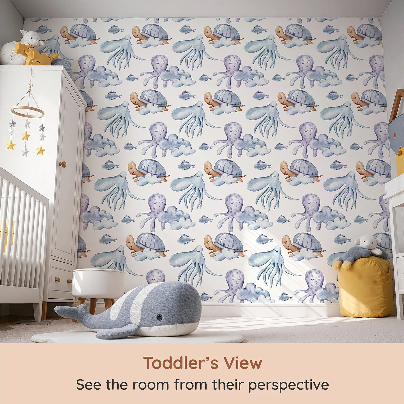Whimsy Tots Ocean Dreams Wallpaper in White (W3281A) from your child's view.Gentle sea creatures float through clouds and dreams in soft ocean hues.