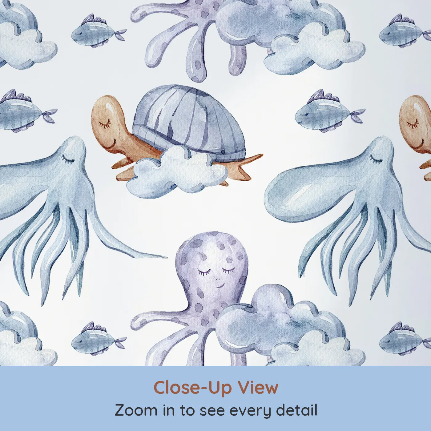 Close-up view of Whimsy Tots' Ocean Dreams Wallpaper in White (W3281A).Gentle sea creatures float through clouds and dreams in soft ocean hues.