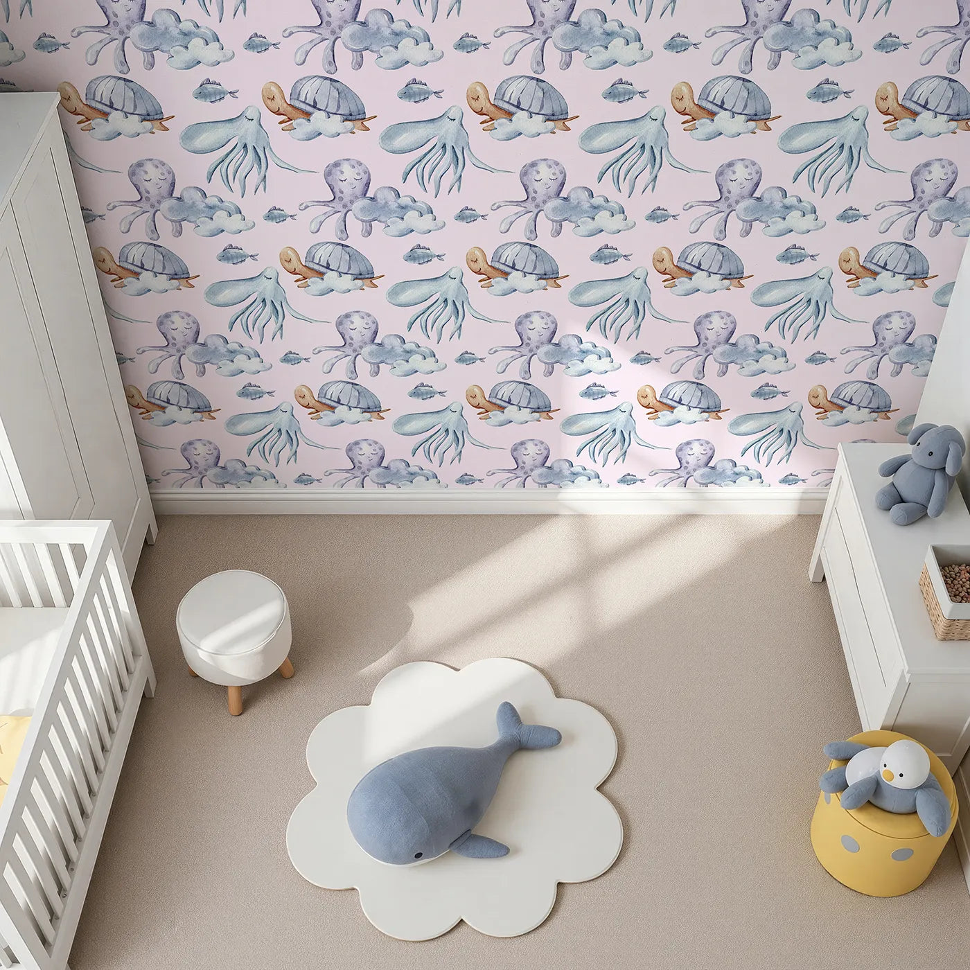 Top-Down view of Whimsy Tots' Ocean Dreams Wallpaper in Blush Pink (W3281B).Soft sea creatures float gently through pink skies and puffy clouds.
