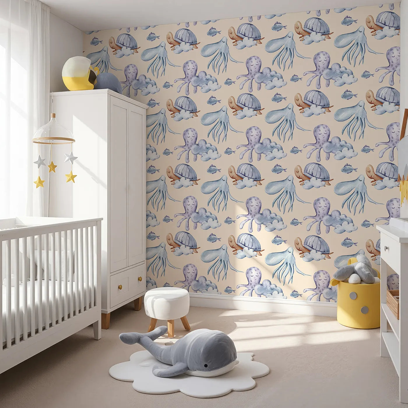 Angled view of Whimsy Tots' Ocean Dreams Wallpaper in Cream (W3281C).Floating turtles and dreamy octopuses drift through a cozy cream sky.