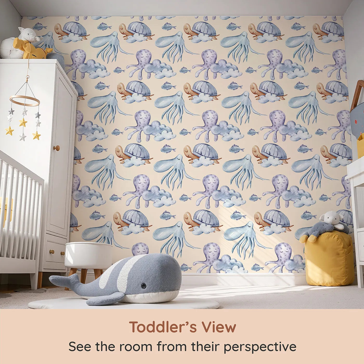 Whimsy Tots Ocean Dreams Wallpaper in Cream (W3281C) from your child's view.Floating turtles and dreamy octopuses drift through a cozy cream sky.