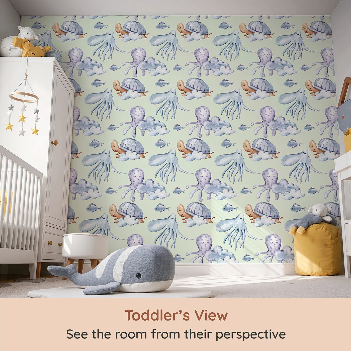 Whimsy Tots Ocean Dreams Wallpaper in Mint Green (W3281D) from your child's view.Gentle sea creatures float calmly across a minty sky of dreams.