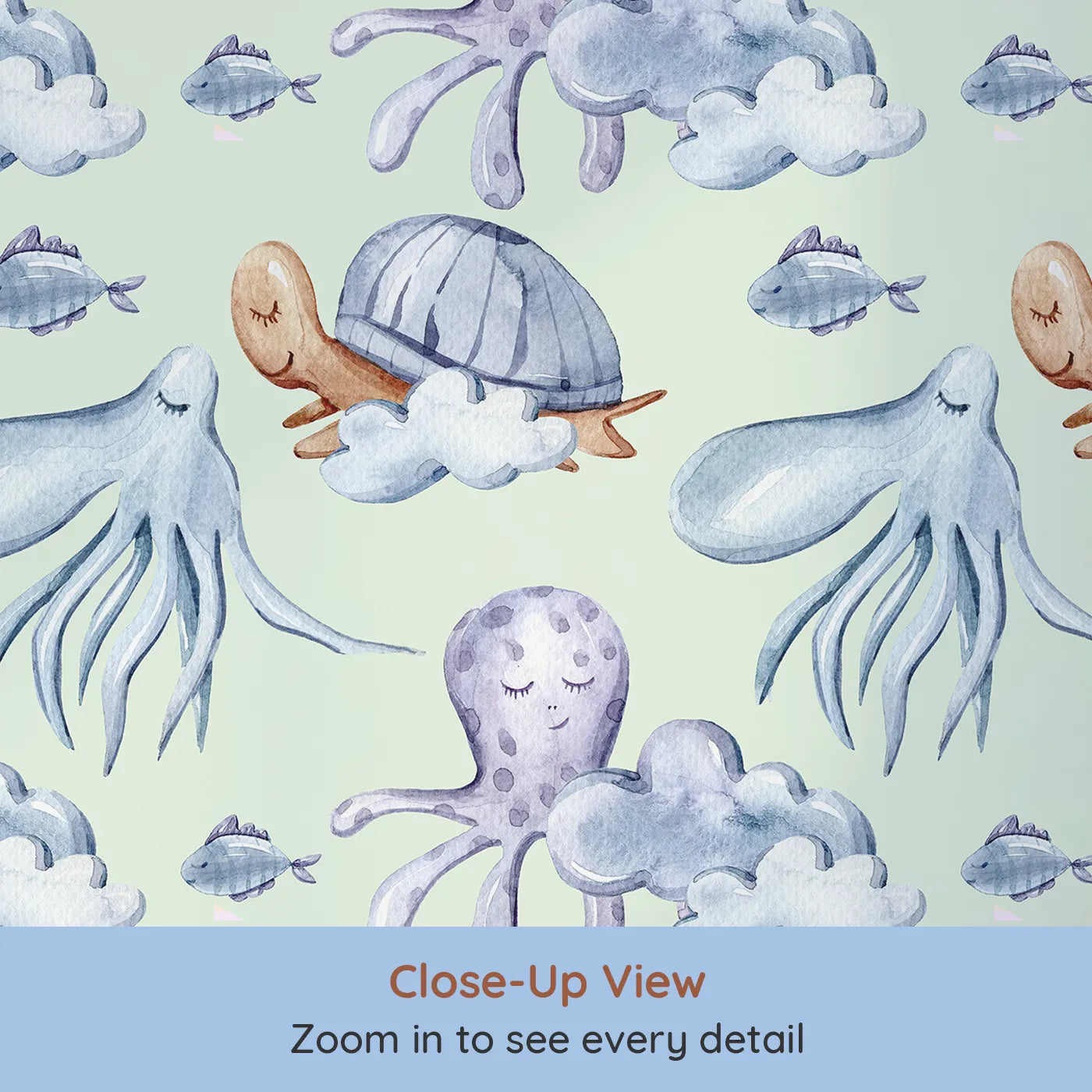 Close-up view of Whimsy Tots' Ocean Dreams Wallpaper in Mint Green (W3281D).Gentle sea creatures float calmly across a minty sky of dreams.