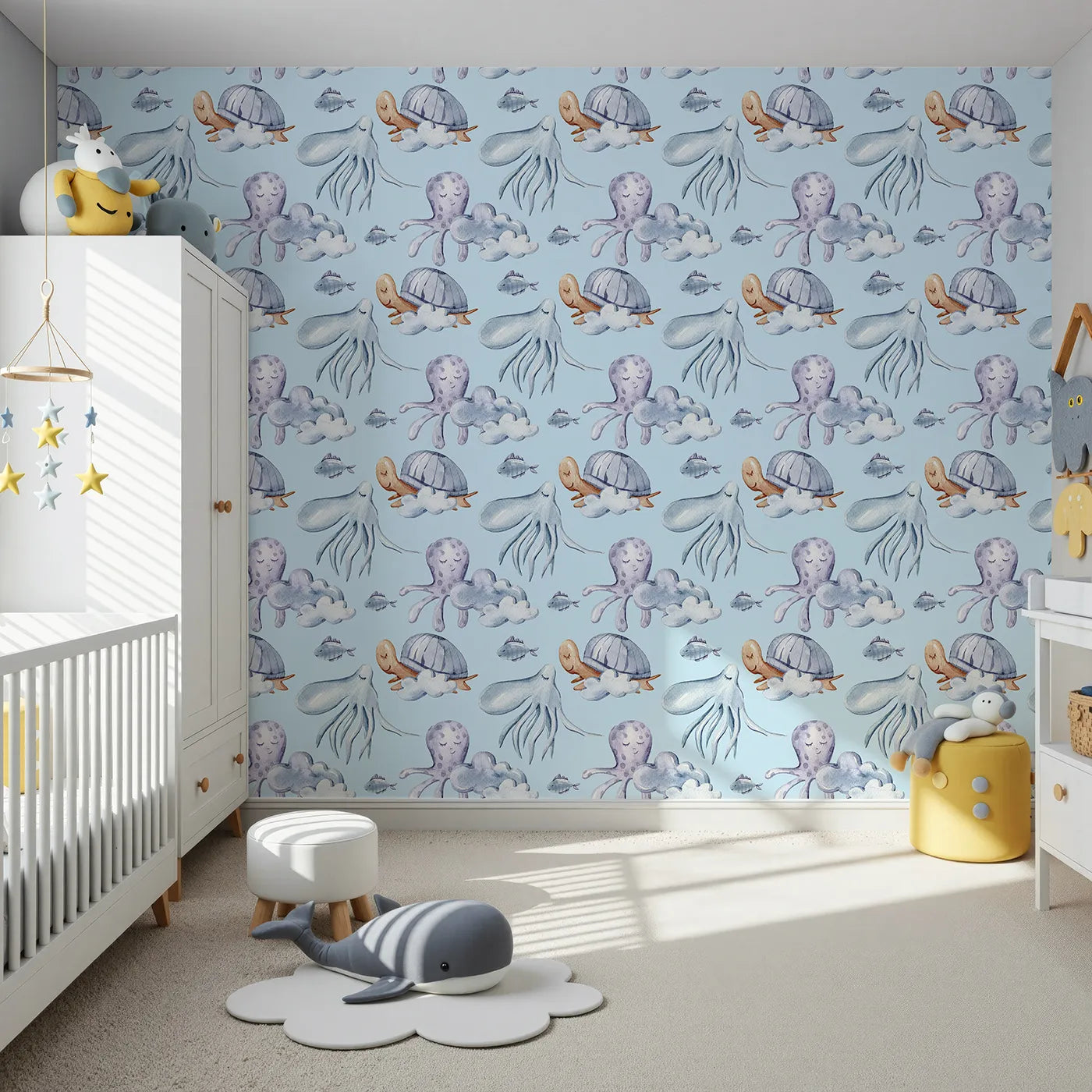 Front view of Whimsy Tots' Ocean Dreams Wallpaper in Blue