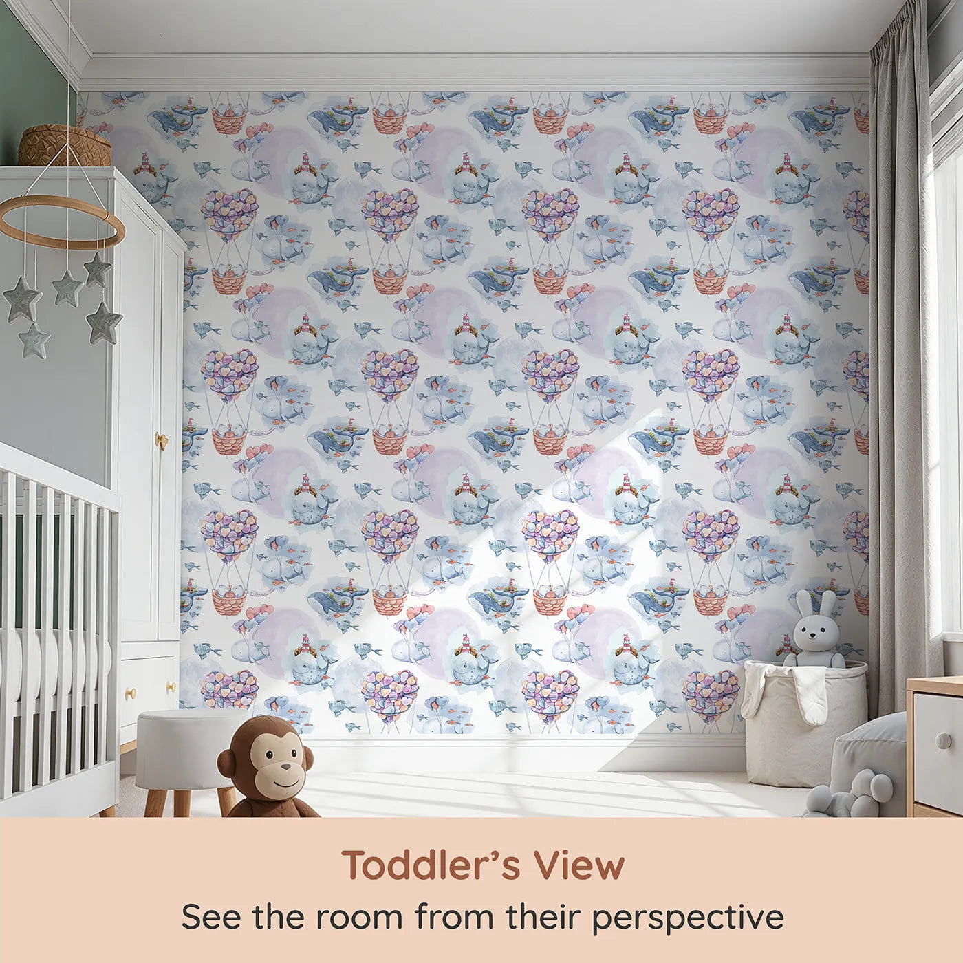 Whimsy Tots Whales of Love Wallpaper in White (W3282A) from your child's view.Smiling whales carry hearts and dreams across soft watercolor skies.