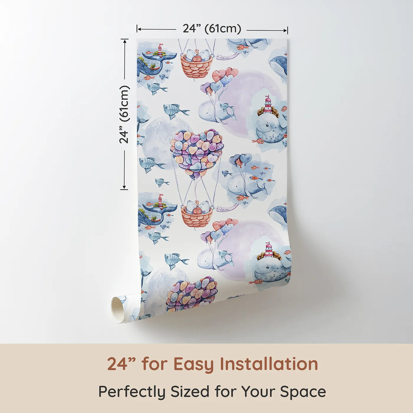 Dimension view of Whimsy Tots Whales of Love Wallpaper in White (W3282A). Printed in 24-inch-wide panel for easy installation. Smiling whales carry hearts and dreams across soft watercolor skies.