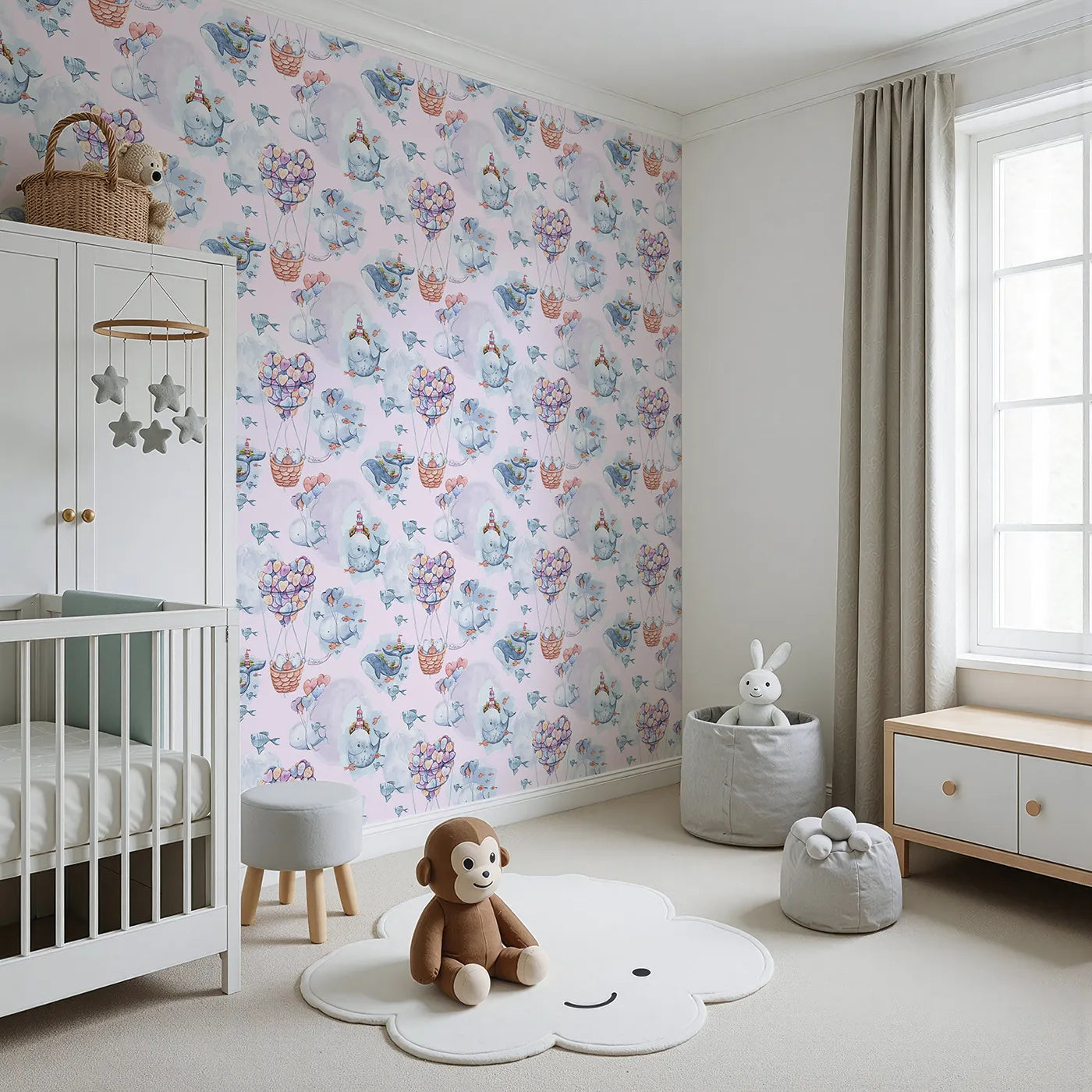 Angled view of Whimsy Tots' Whales of Love Wallpaper in Blush Pink (W3282B).Whales drift through blush skies, carrying heart balloons and love.