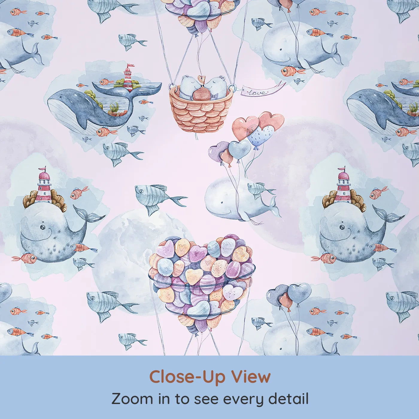Close-up view of Whimsy Tots' Whales of Love Wallpaper in Blush Pink (W3282B).Whales drift through blush skies, carrying heart balloons and love.