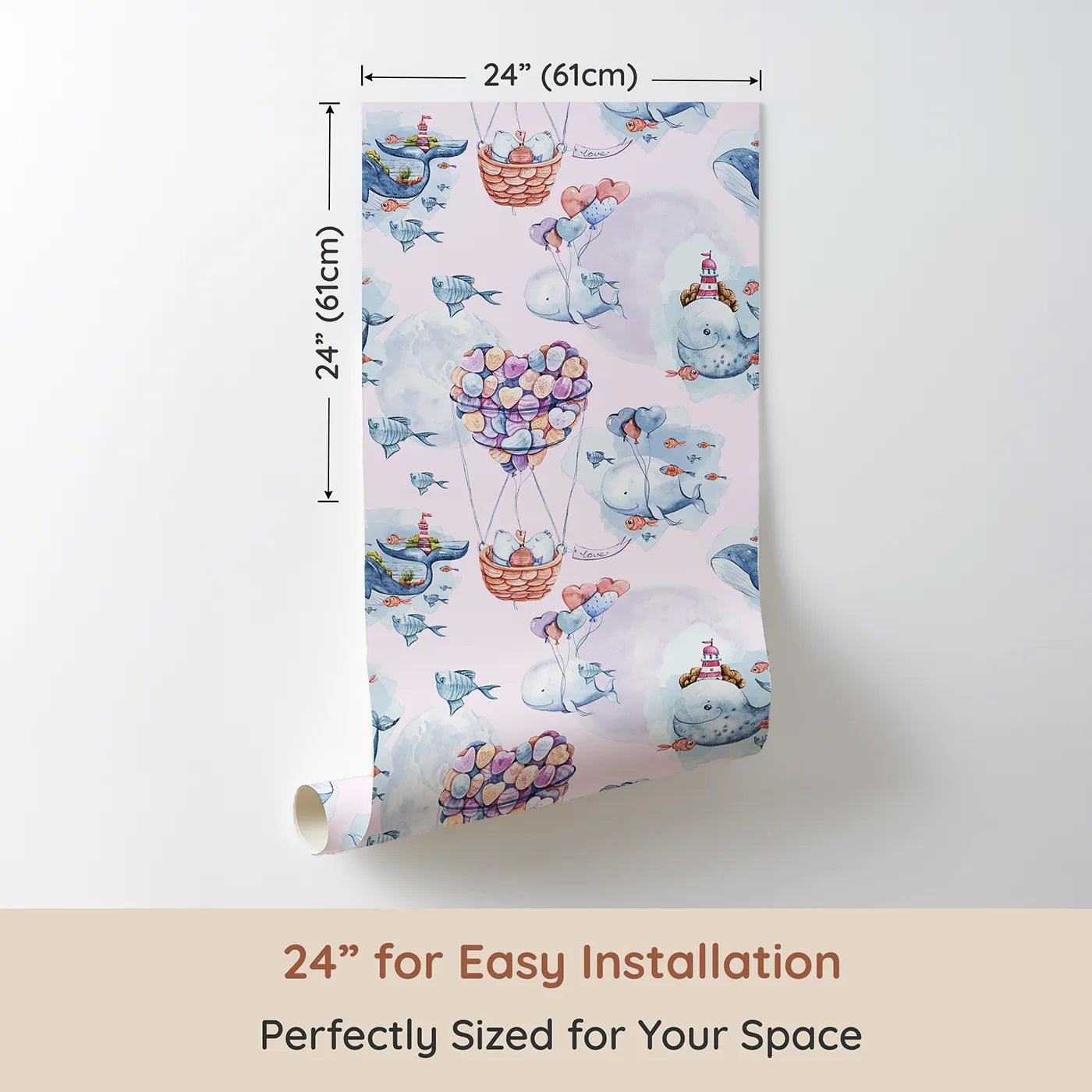 Dimension view of Whimsy Tots Whales of Love Wallpaper in Blush Pink (W3282B). Printed in 24-inch-wide panel for easy installation. Whales drift through blush skies, carrying heart balloons and love.