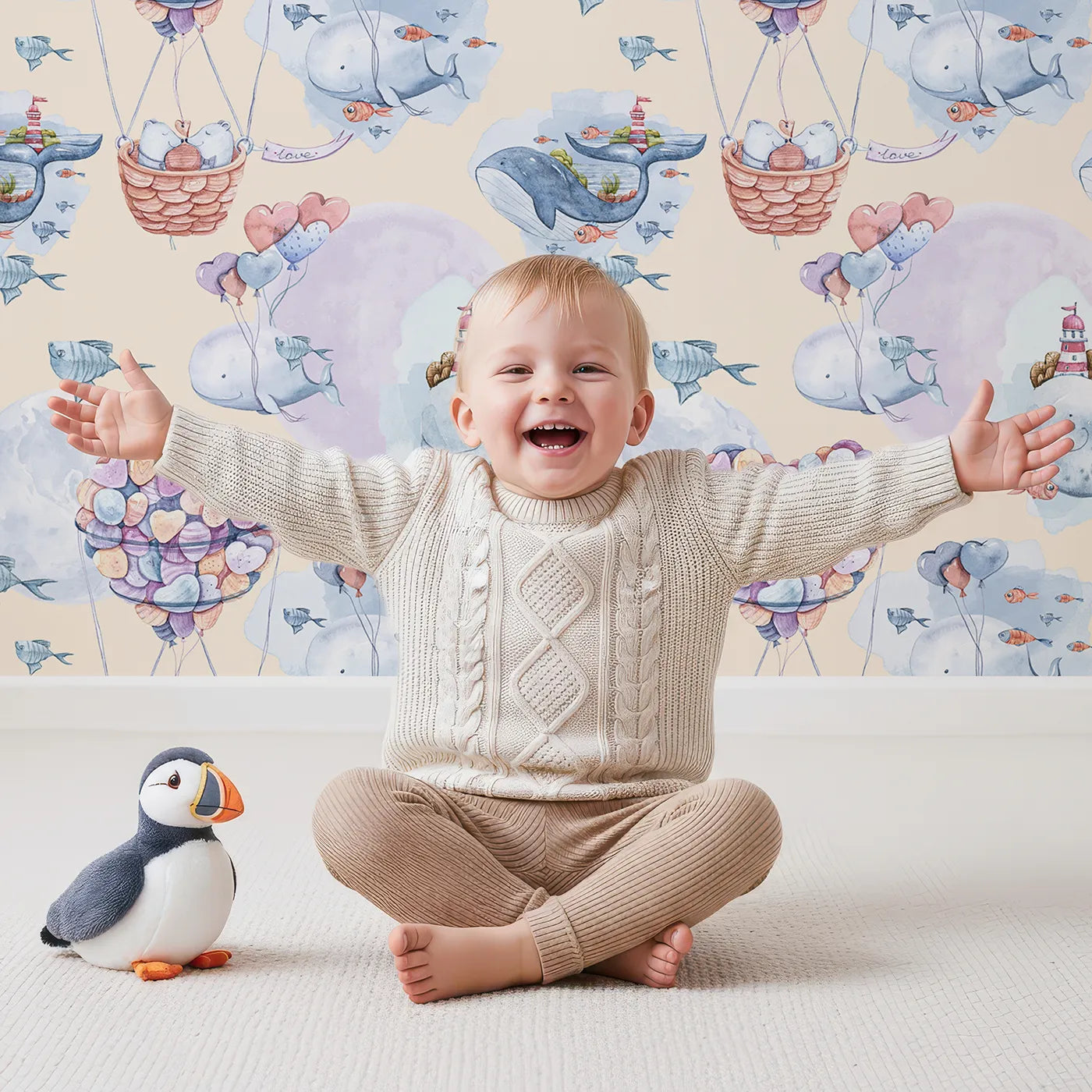 Lovely child standing in front of Whimsy Tots Whales of Love Wallpaper in Cream with whale, balloon, heart, lighthouse, bear, fish in design.
