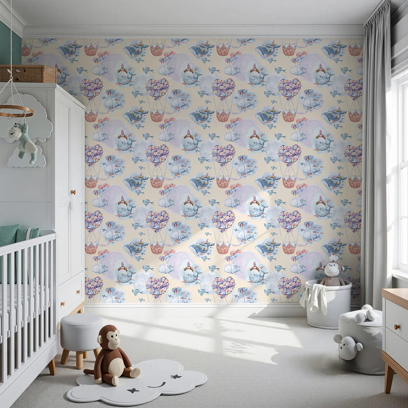 Front view of Whimsy Tots' Whales of Love Wallpaper in Cream