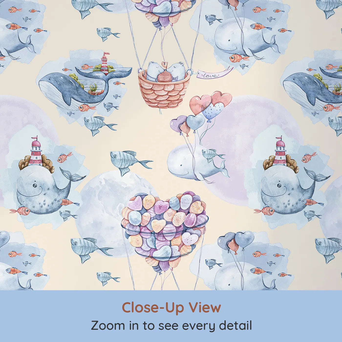 Close-up view of Whimsy Tots' Whales of Love Wallpaper in Cream (W3282C).Whales, hearts, and clouds drift through a dreamy cream sky.