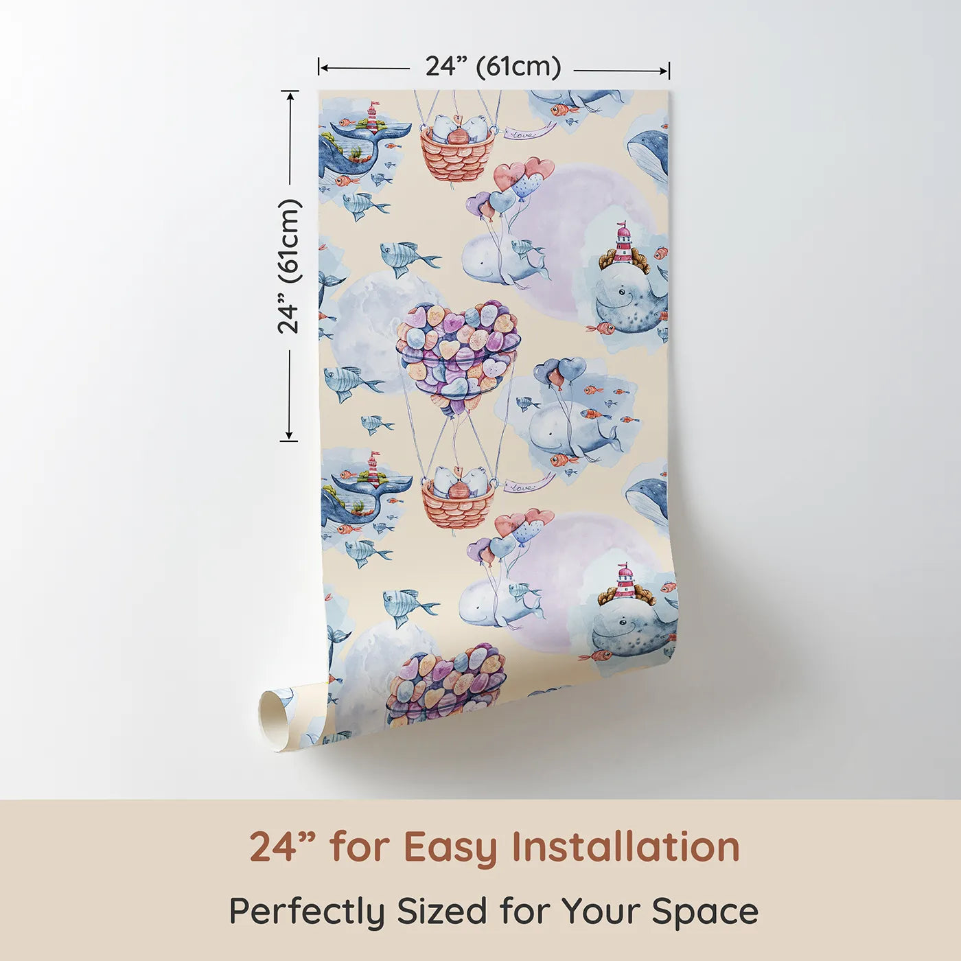 Dimension view of Whimsy Tots Whales of Love Wallpaper in Cream (W3282C). Printed in 24-inch-wide panel for easy installation. Whales, hearts, and clouds drift through a dreamy cream sky.