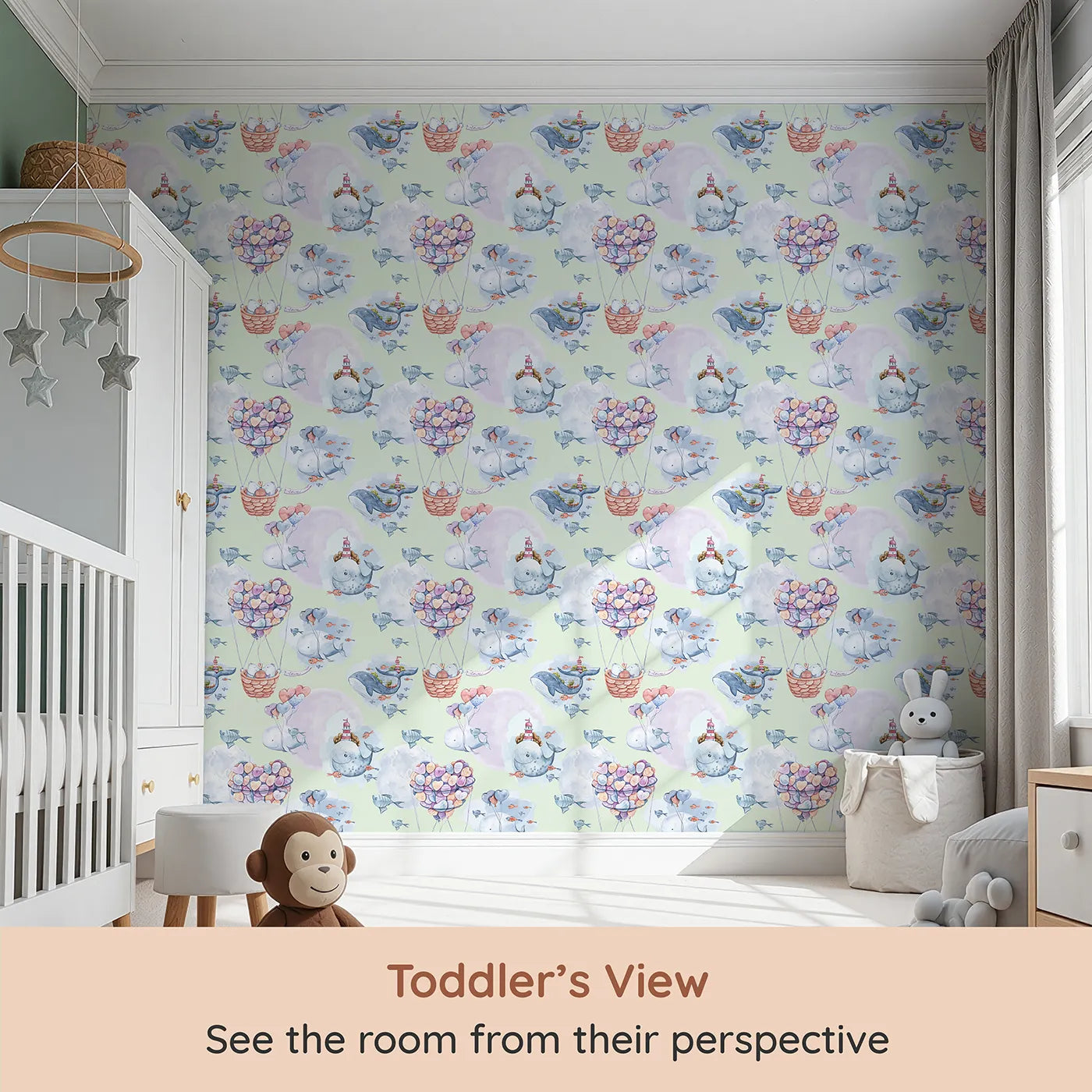 Whimsy Tots Whales of Love Wallpaper in Mint Green (W3282D) from your child's view.Whales and heart balloons float peacefully across a minty sky.