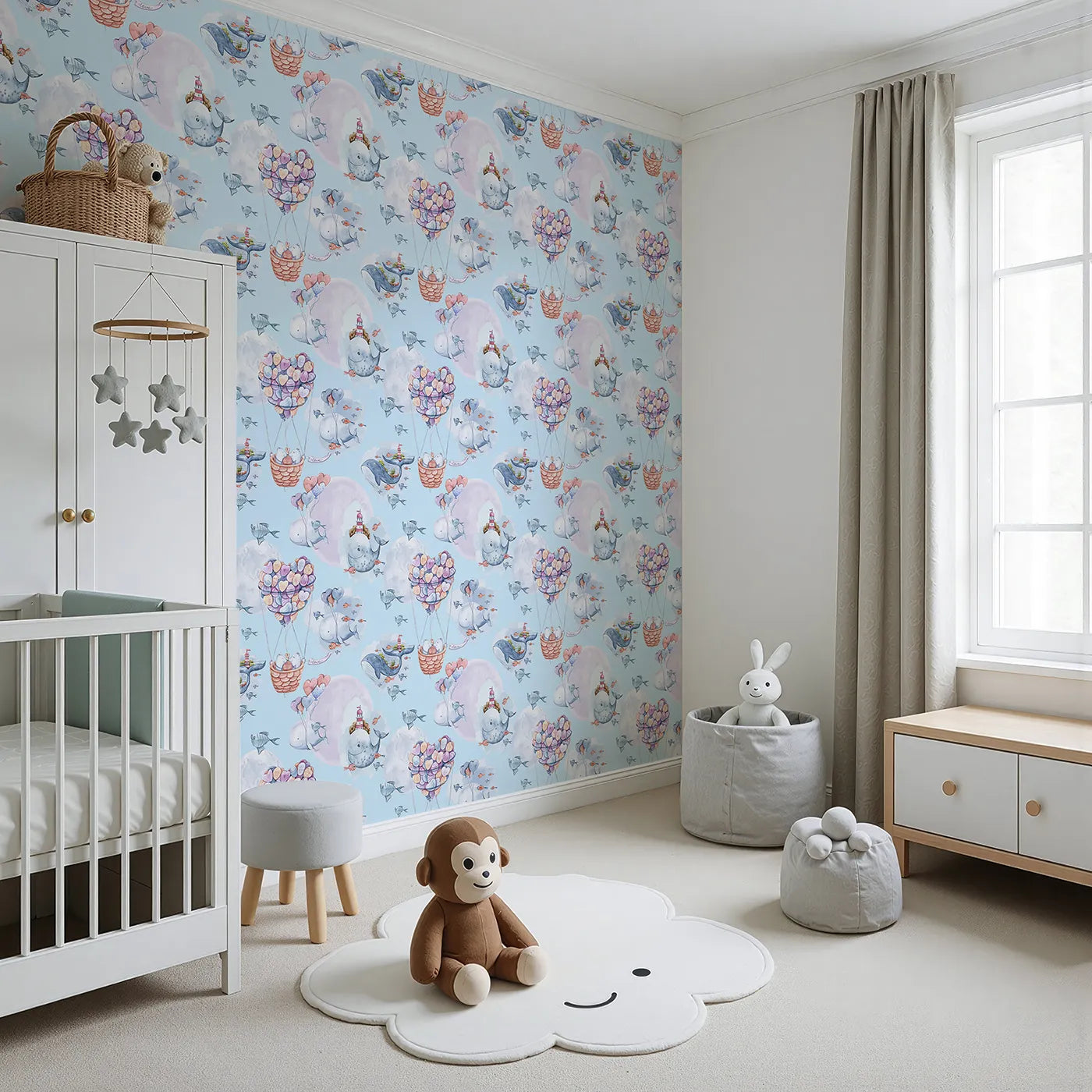 Angled view of Whimsy Tots' Whales of Love Wallpaper in Blue (W3282E).A soft blue sky filled with whales, fish, and pastel hearts.