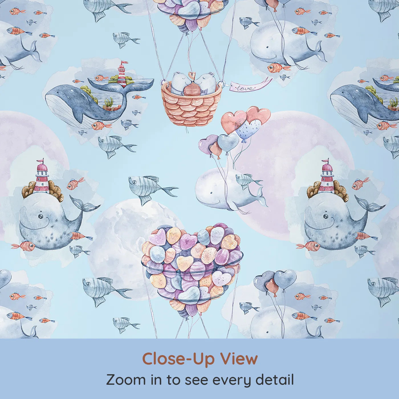 Close-up view of Whimsy Tots' Whales of Love Wallpaper in Blue (W3282E).A soft blue sky filled with whales, fish, and pastel hearts.