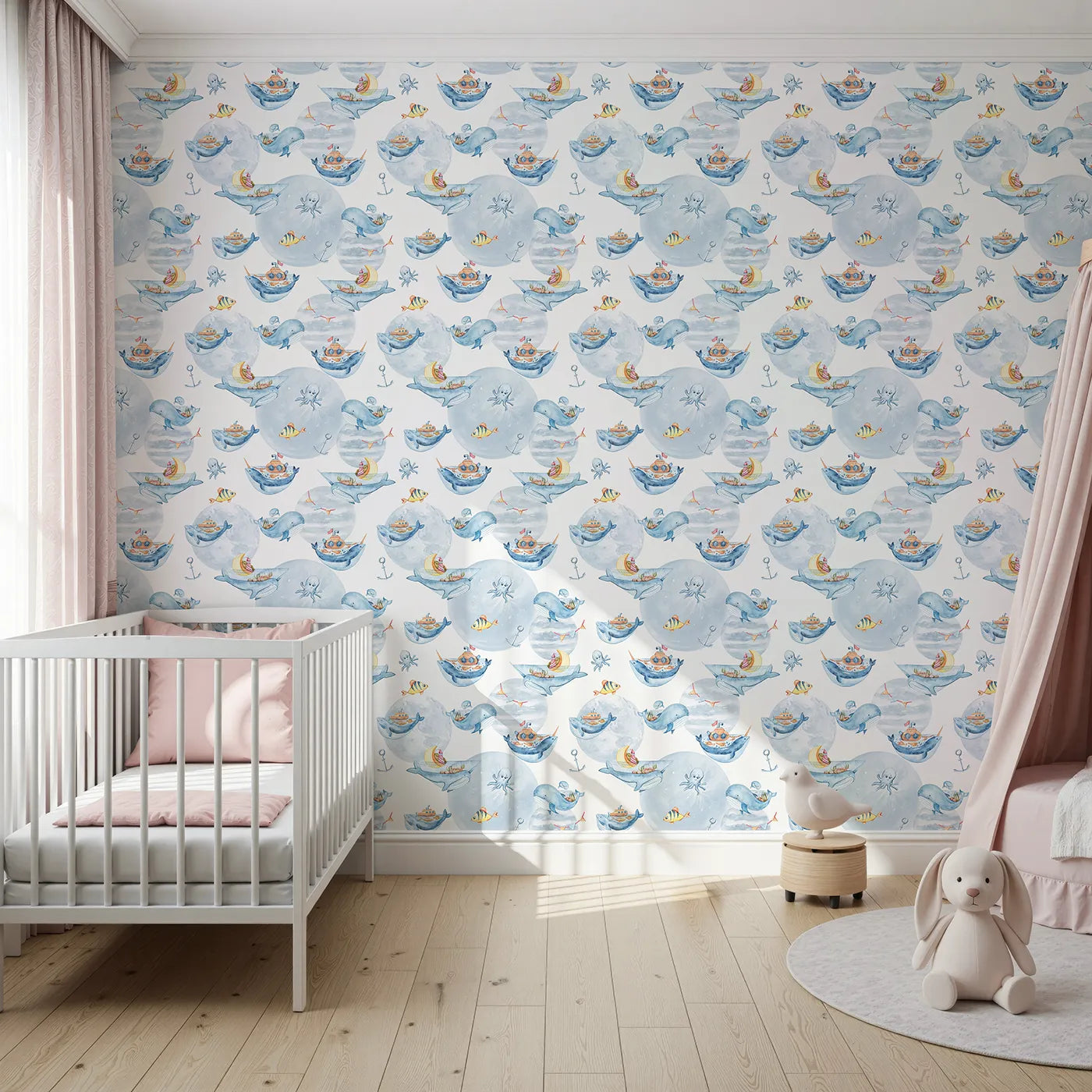 Front view of Whimsy Tots' Whale Boat Parade Wallpaper in White