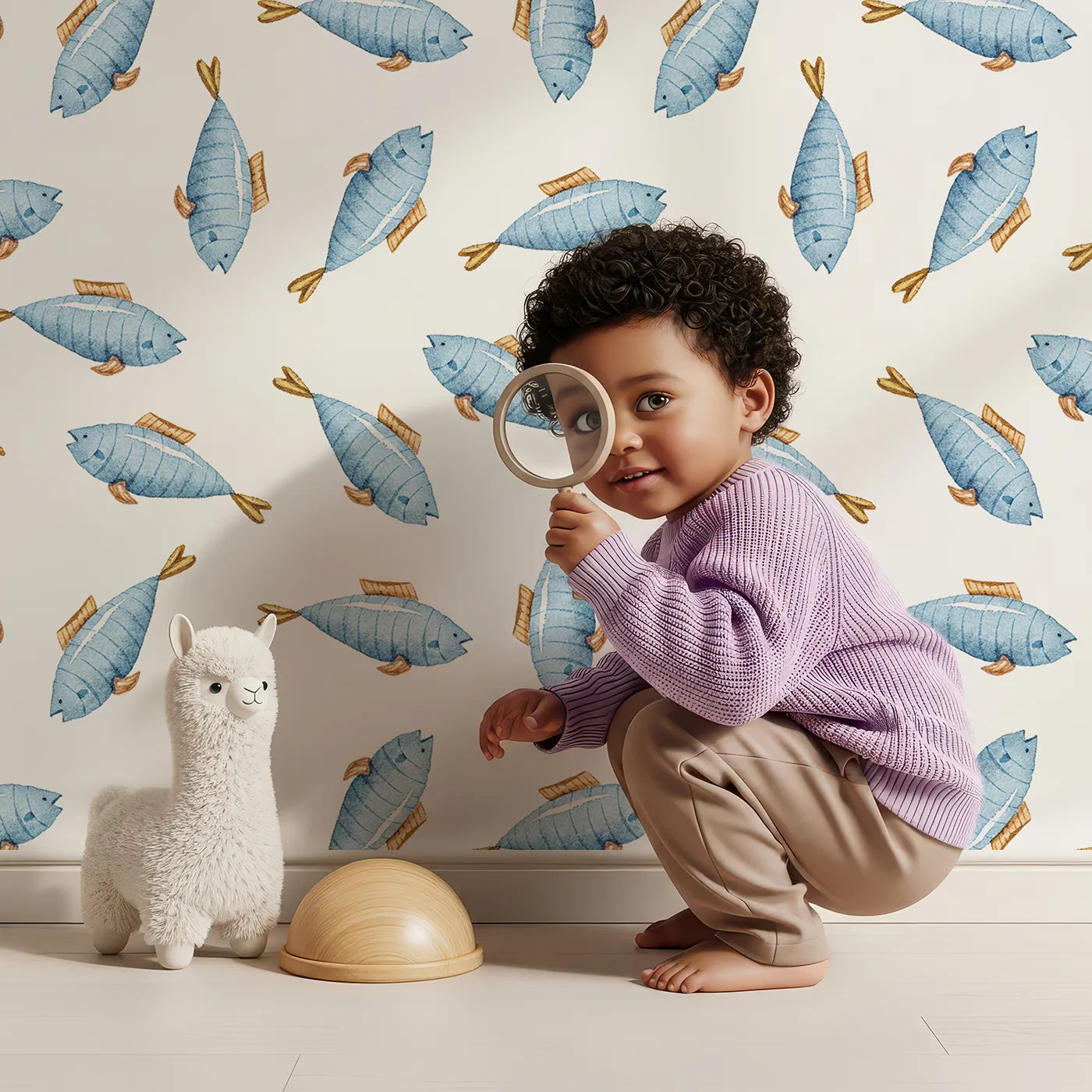 Lovely child standing in front of Whimsy Tots Little Swimmer Fish Wallpaper in White with fish in design.