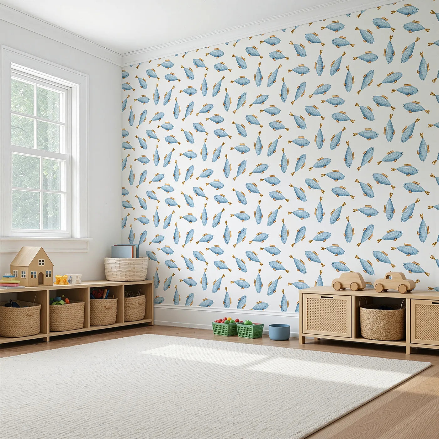 Angled view of Whimsy Tots' Little Swimmer Fish Wallpaper in White (W3284A).Blue watercolor fish dart playfully through a sea of white.
