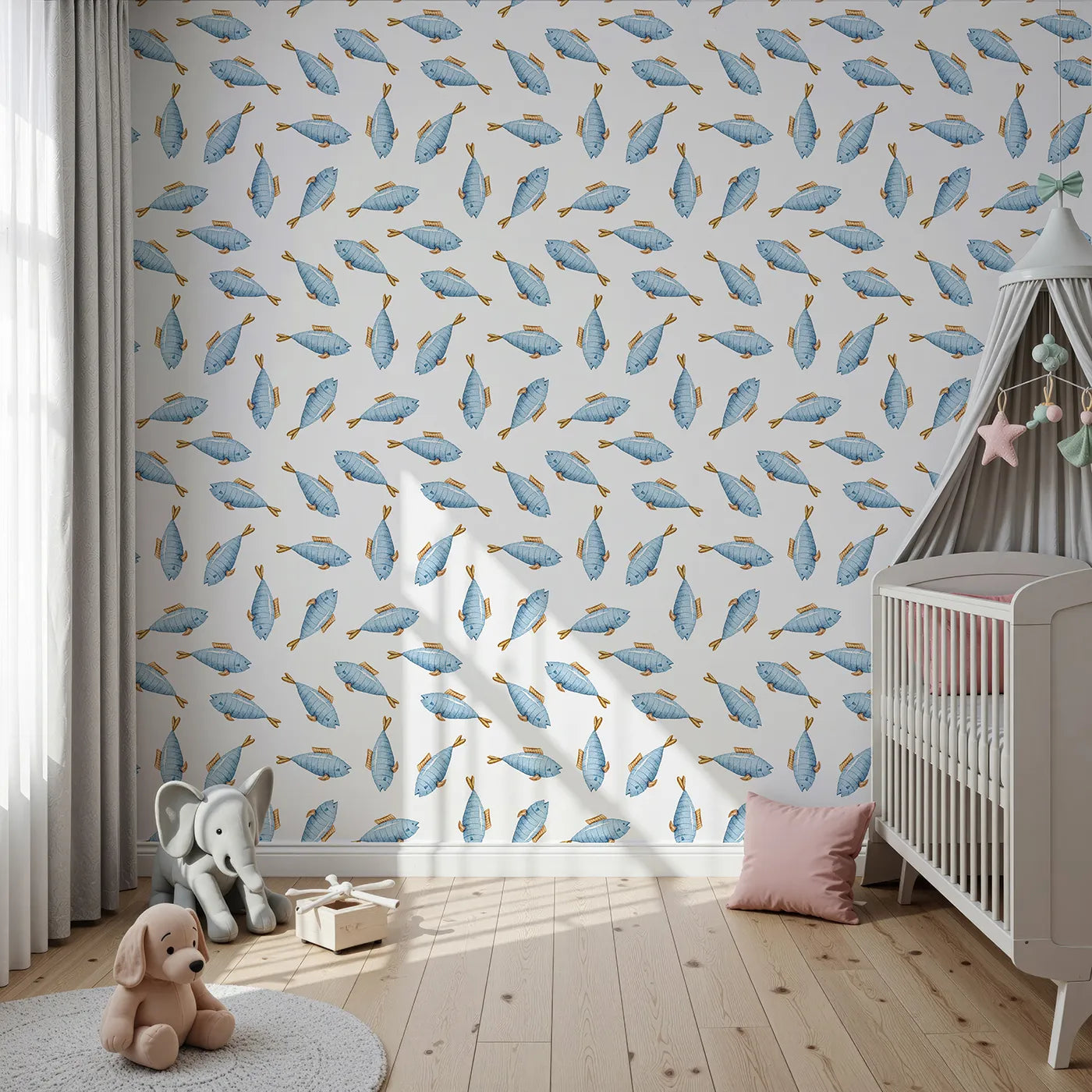 Front view of Whimsy Tots' Little Swimmer Fish Wallpaper in White