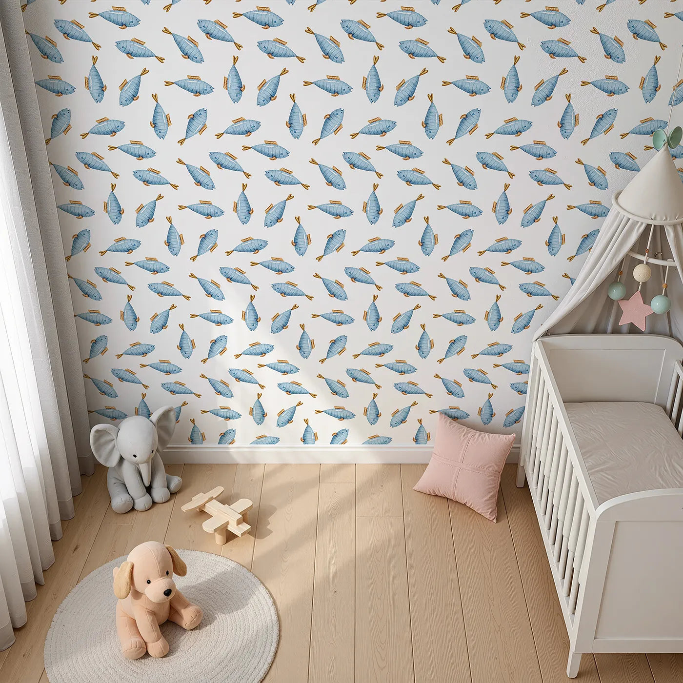 Top-Down view of Whimsy Tots' Little Swimmer Fish Wallpaper in White (W3284A).Blue watercolor fish dart playfully through a sea of white.