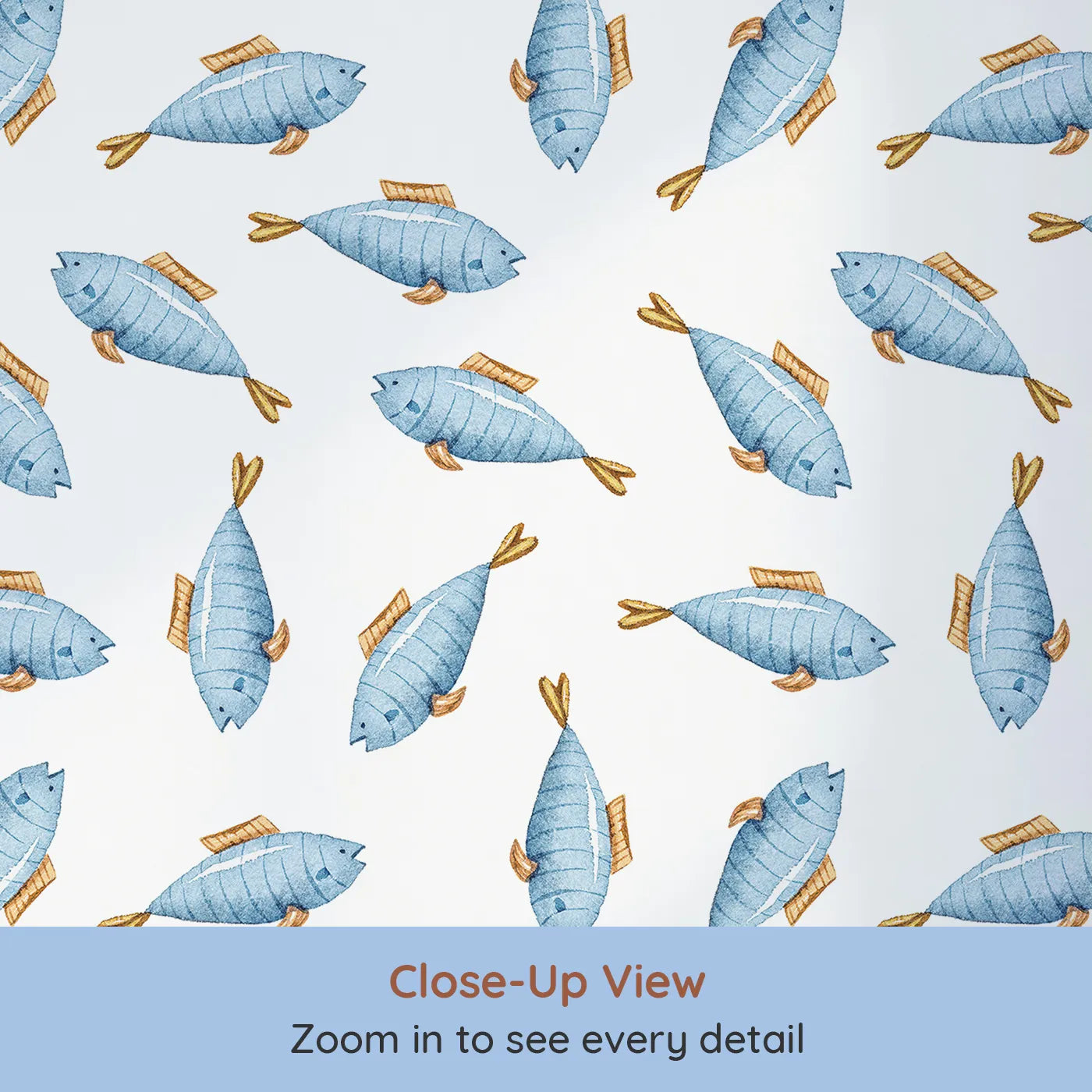 Close-up view of Whimsy Tots' Little Swimmer Fish Wallpaper in White (W3284A).Blue watercolor fish dart playfully through a sea of white.