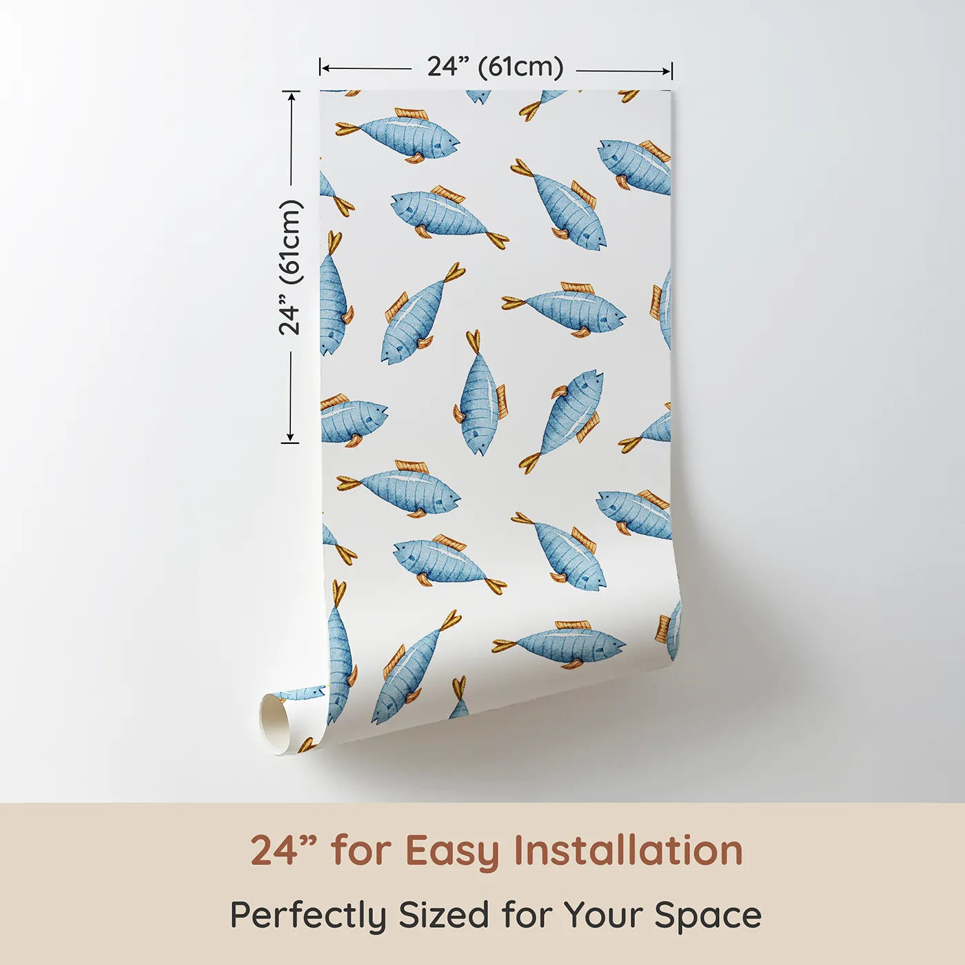 Dimension view of Whimsy Tots Little Swimmer Fish Wallpaper in White (W3284A). Printed in 24-inch-wide panel for easy installation. Blue watercolor fish dart playfully through a sea of white.