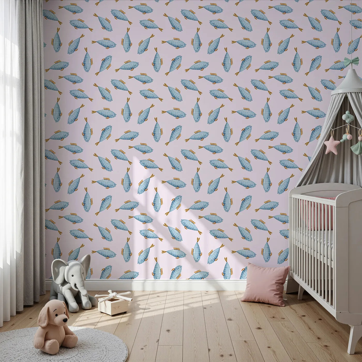 Front view of Whimsy Tots' Little Swimmer Fish Wallpaper in Pink