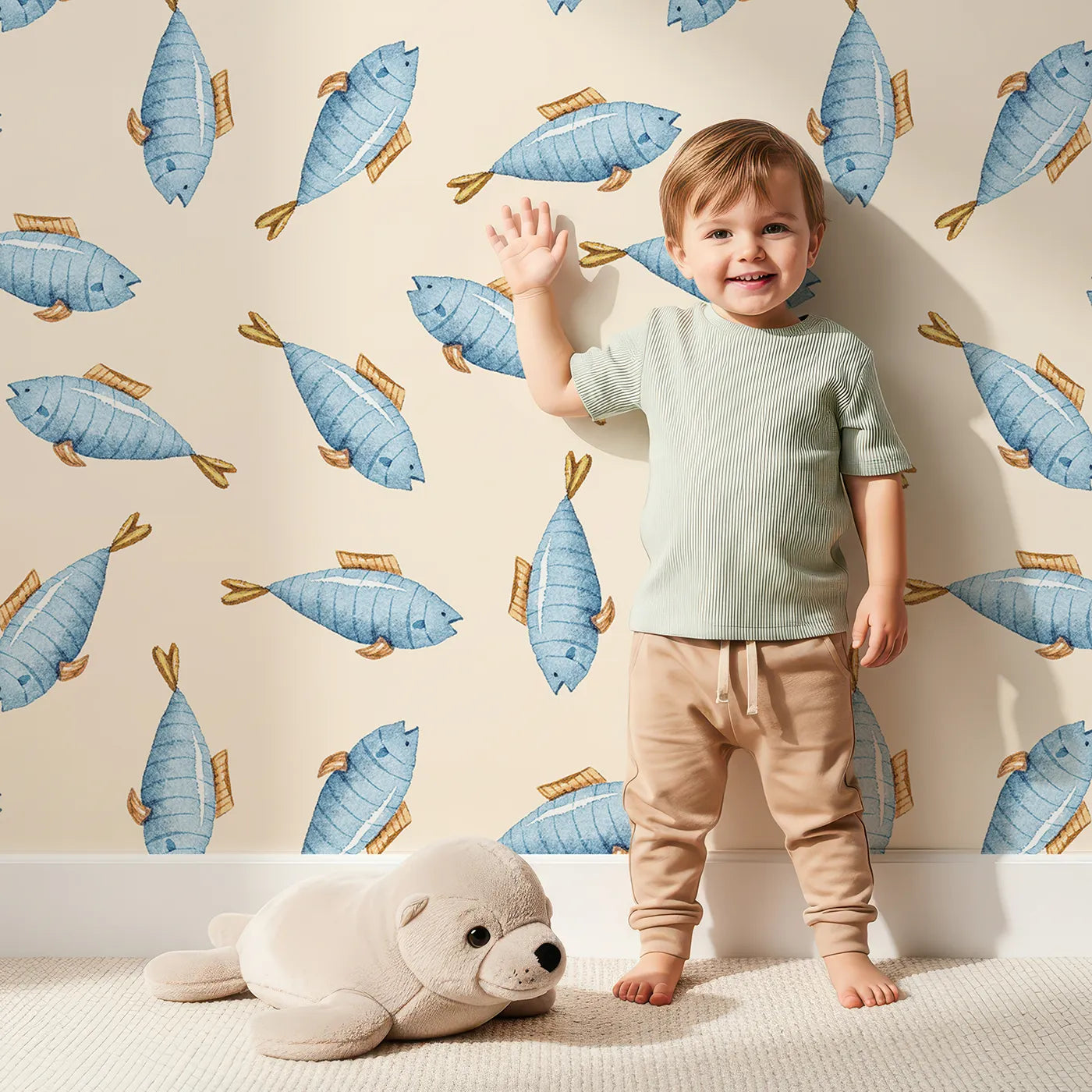 Lovely child standing in front of Whimsy Tots Little Swimmer Fish Wallpaper in Cream with fish in design.