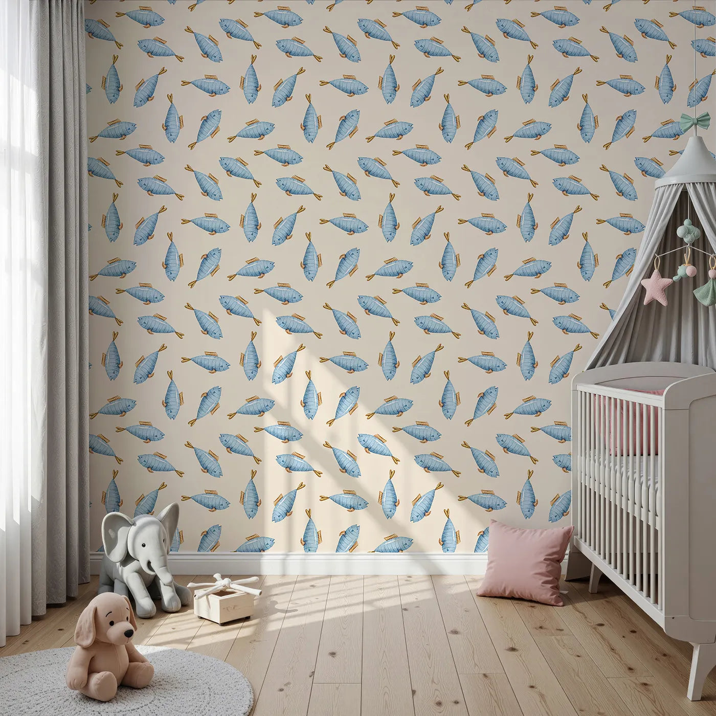 Front view of Whimsy Tots' Little Swimmer Fish Wallpaper in Cream