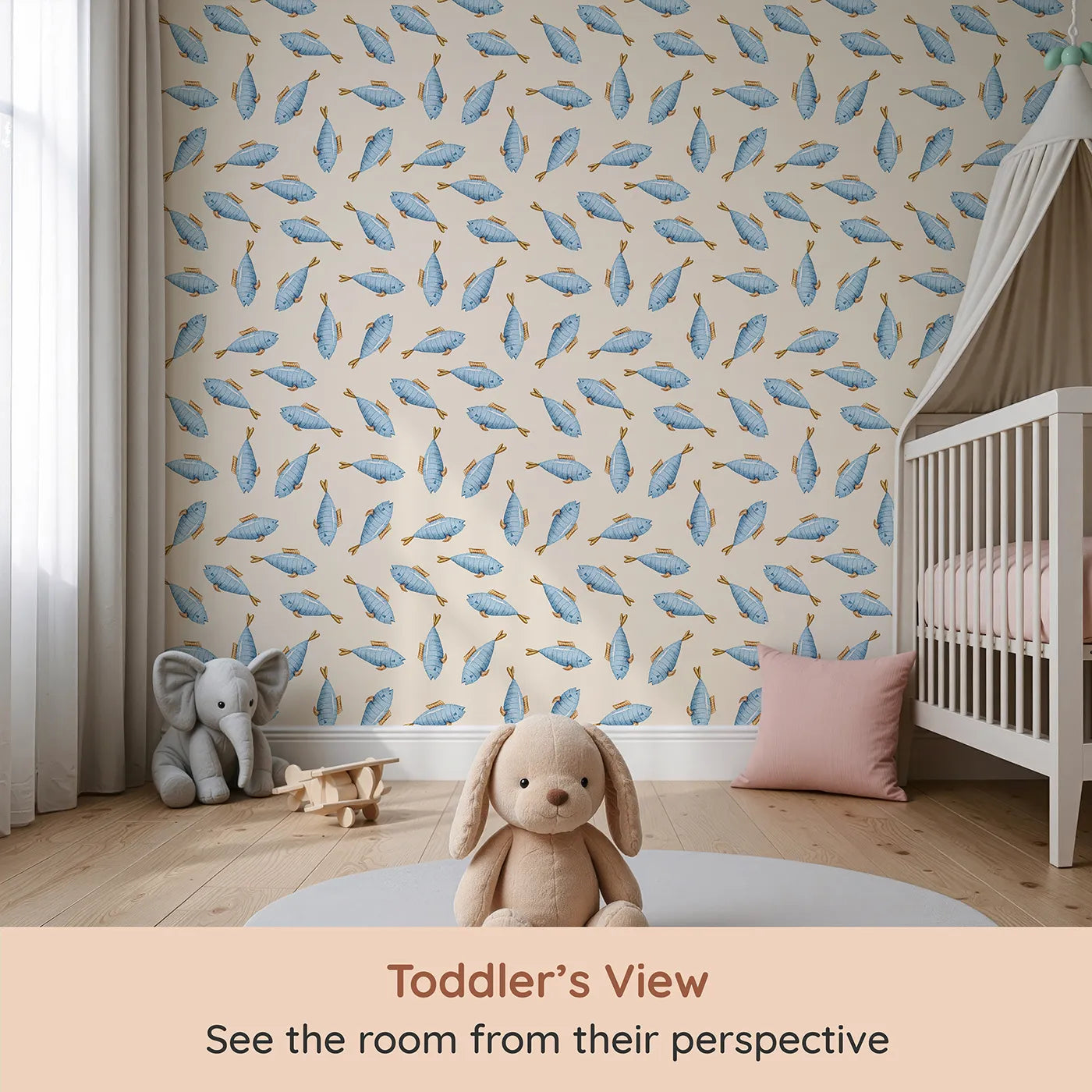 Whimsy Tots Little Swimmer Fish Wallpaper in Cream (W3284C) from your child's view.Golden-finned fish flutter gently across a dreamy cream backdrop.