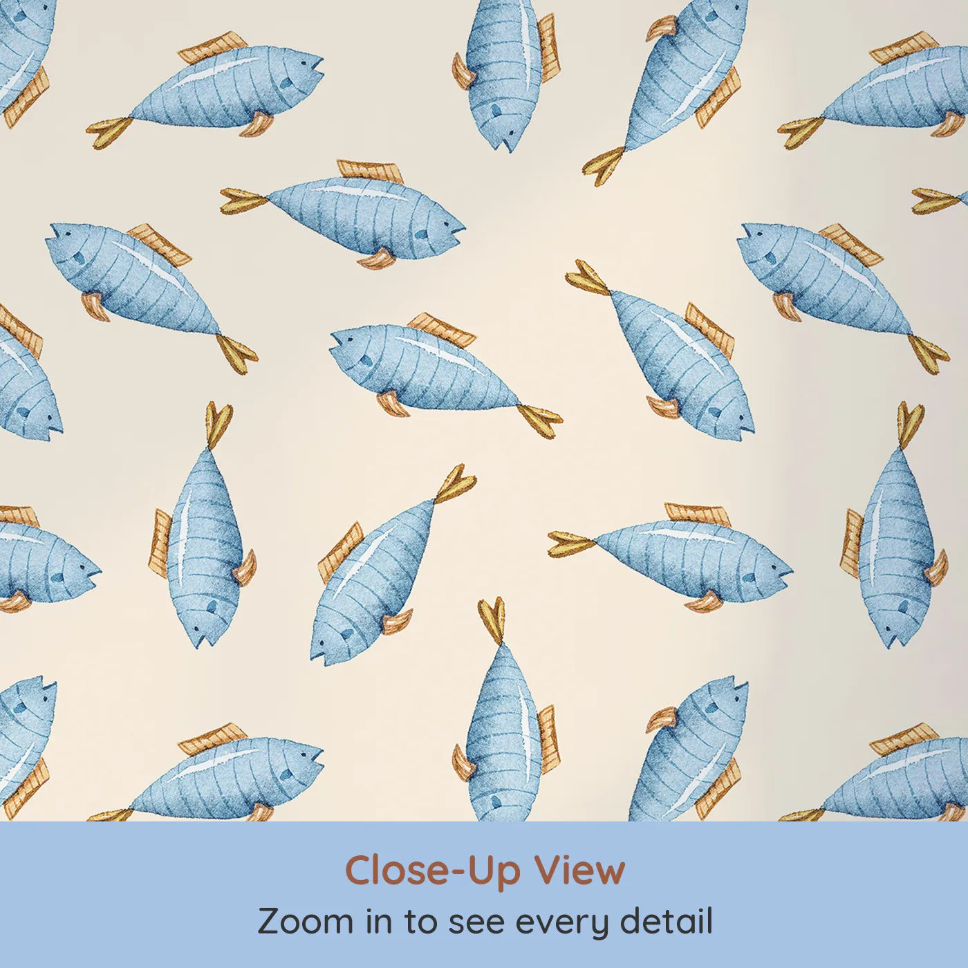 Close-up view of Whimsy Tots' Little Swimmer Fish Wallpaper in Cream (W3284C).Golden-finned fish flutter gently across a dreamy cream backdrop.