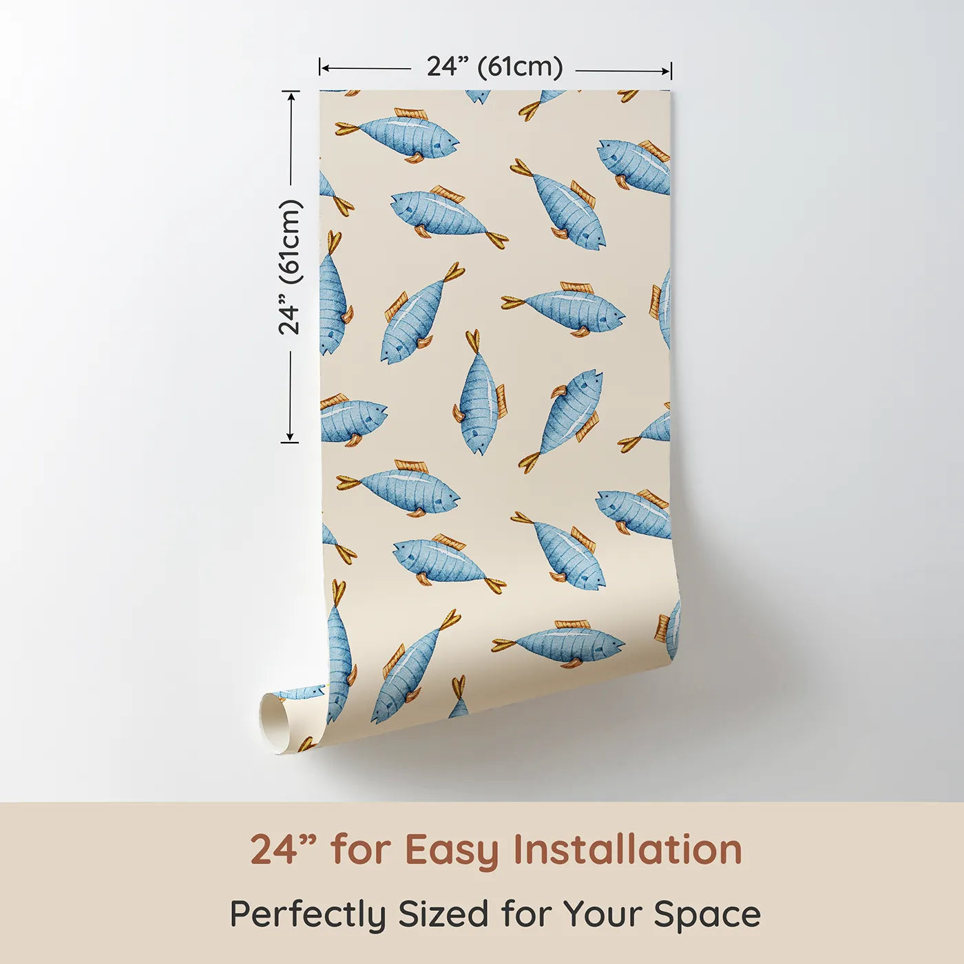 Dimension view of Whimsy Tots Little Swimmer Fish Wallpaper in Cream (W3284C). Printed in 24-inch-wide panel for easy installation. Golden-finned fish flutter gently across a dreamy cream backdrop.