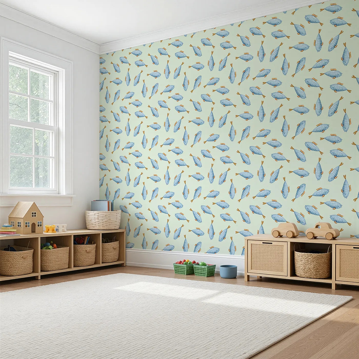 Angled view of Whimsy Tots' Little Swimmer Fish Wallpaper in Mint Green (W3284D).A minty sea full of swimming blue fish and golden fins.