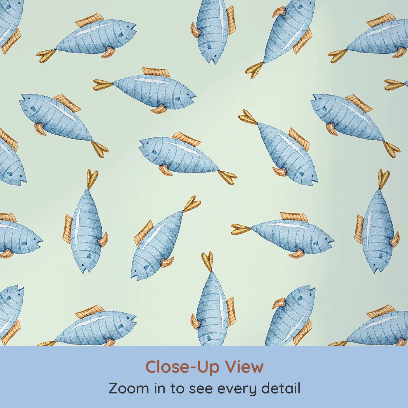 Close-up view of Whimsy Tots' Little Swimmer Fish Wallpaper in Mint Green (W3284D).A minty sea full of swimming blue fish and golden fins.
