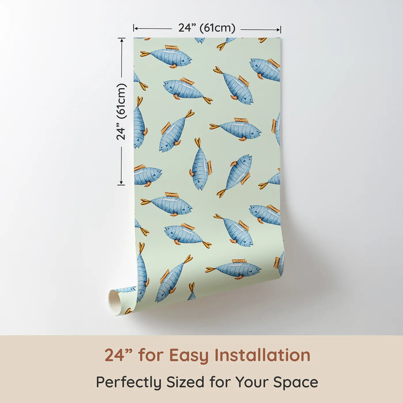 Dimension view of Whimsy Tots Little Swimmer Fish Wallpaper in Mint Green (W3284D). Printed in 24-inch-wide panel for easy installation. A minty sea full of swimming blue fish and golden fins.