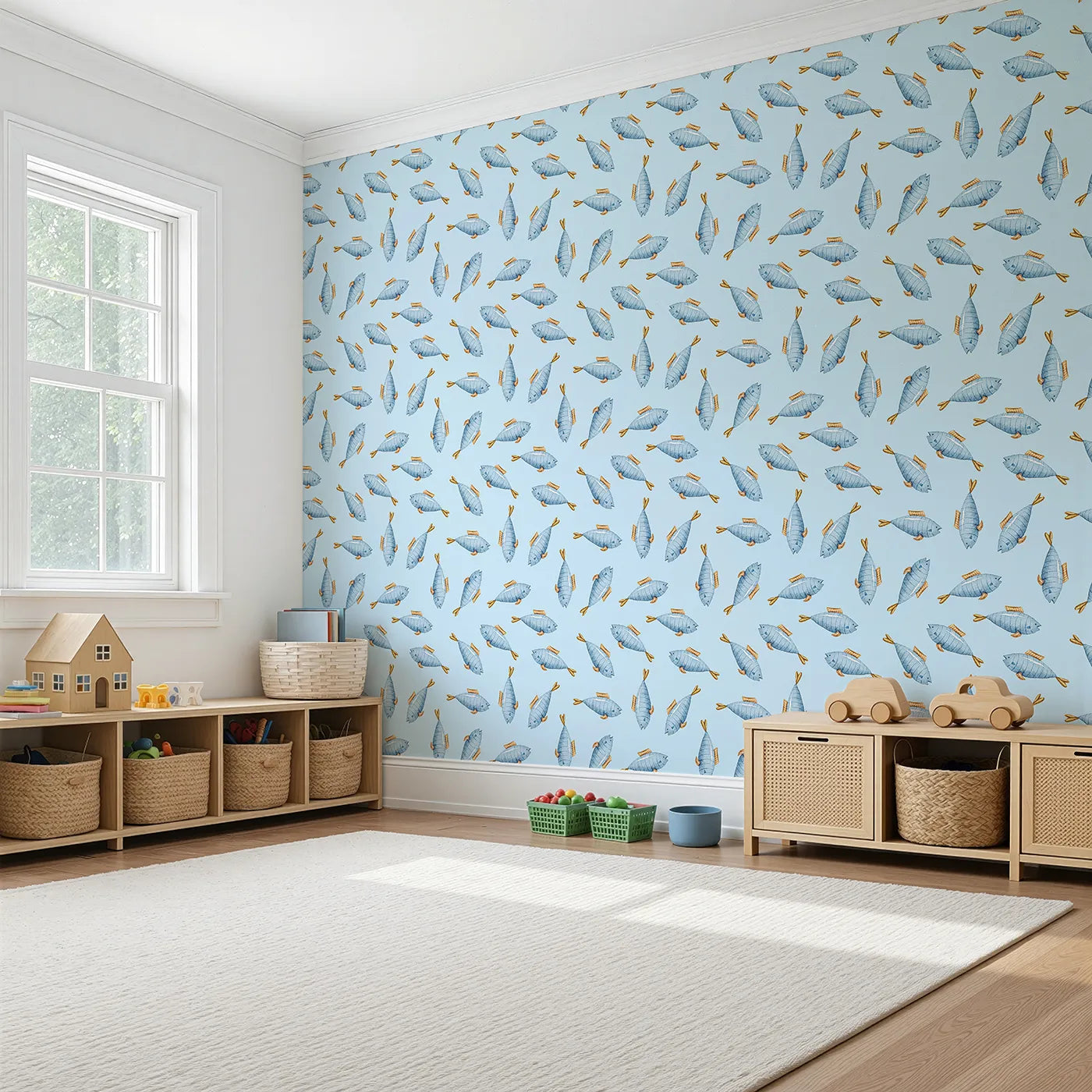 Angled view of Whimsy Tots' Little Swimmer Fish Wallpaper in Blue (W3284E).Blue fish swim through a sea of soft sky tones and watercolor charm.