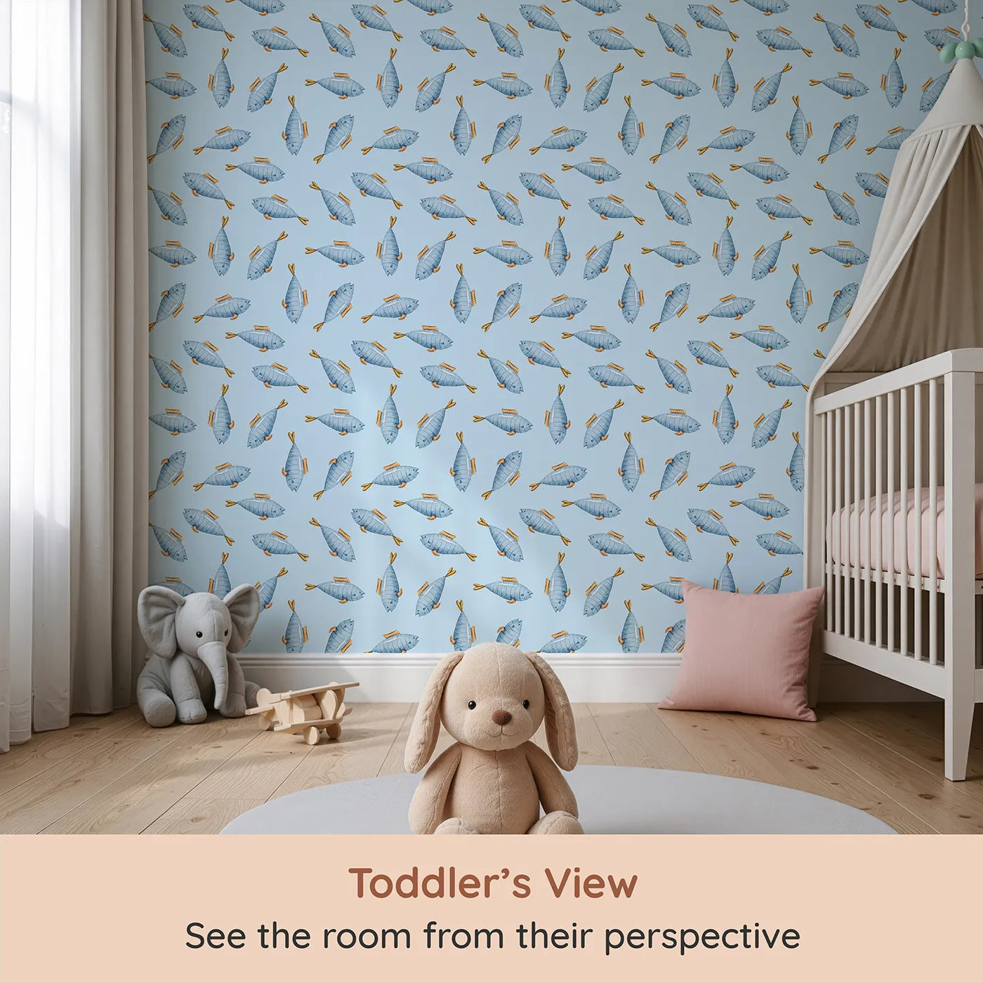 Whimsy Tots Little Swimmer Fish Wallpaper in Blue (W3284E) from your child's view.Blue fish swim through a sea of soft sky tones and watercolor charm.
