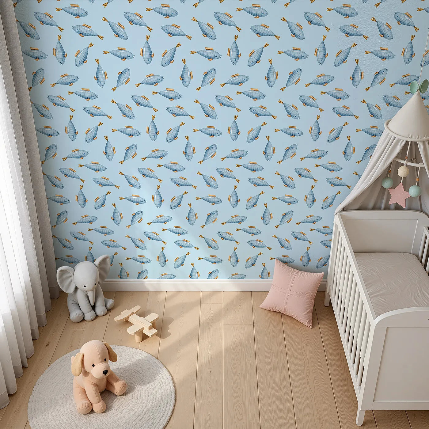 Top-Down view of Whimsy Tots' Little Swimmer Fish Wallpaper in Blue (W3284E).Blue fish swim through a sea of soft sky tones and watercolor charm.