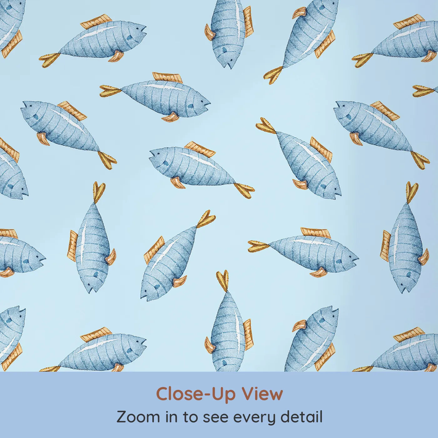 Close-up view of Whimsy Tots' Little Swimmer Fish Wallpaper in Blue (W3284E).Blue fish swim through a sea of soft sky tones and watercolor charm.