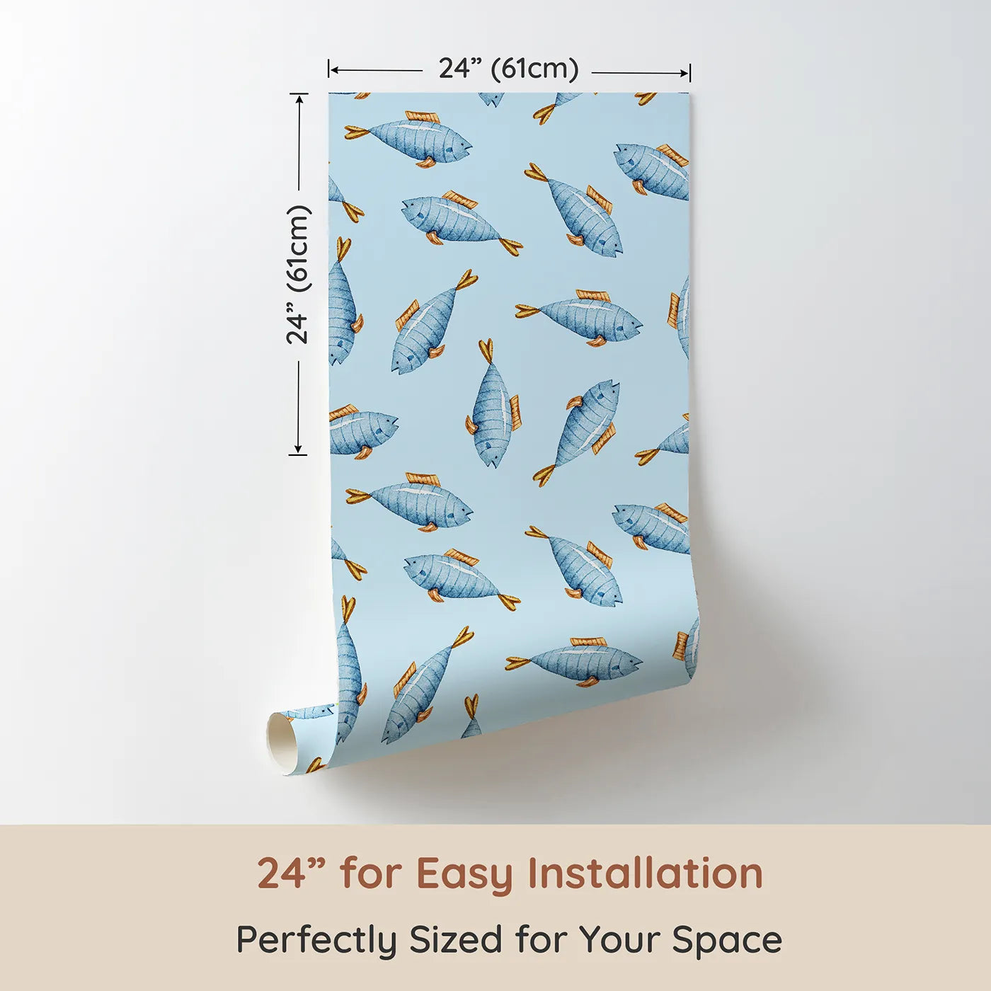 Dimension view of Whimsy Tots Little Swimmer Fish Wallpaper in Blue (W3284E). Printed in 24-inch-wide panel for easy installation. Blue fish swim through a sea of soft sky tones and watercolor charm.