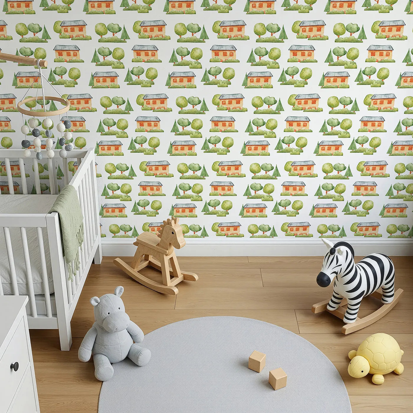 Top-Down view of Whimsy Tots' Cottage Garden Village Wallpaper in White (W3286A).Quiet houses rest among hand-painted trees and soft green bushes.