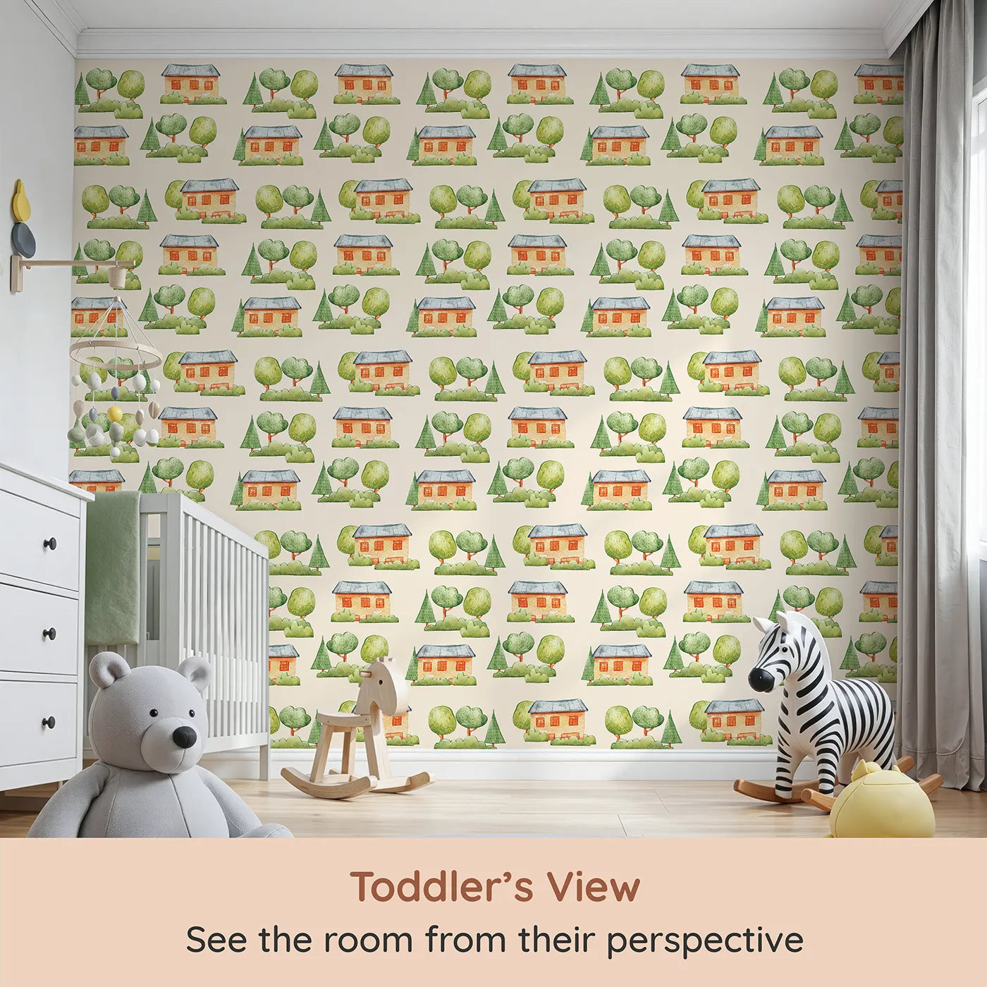 Whimsy Tots Cottage Garden Village Wallpaper in Cream (W3286C) from your child's view.Storybook cottages nestle among trees in a peaceful cream-colored scene.