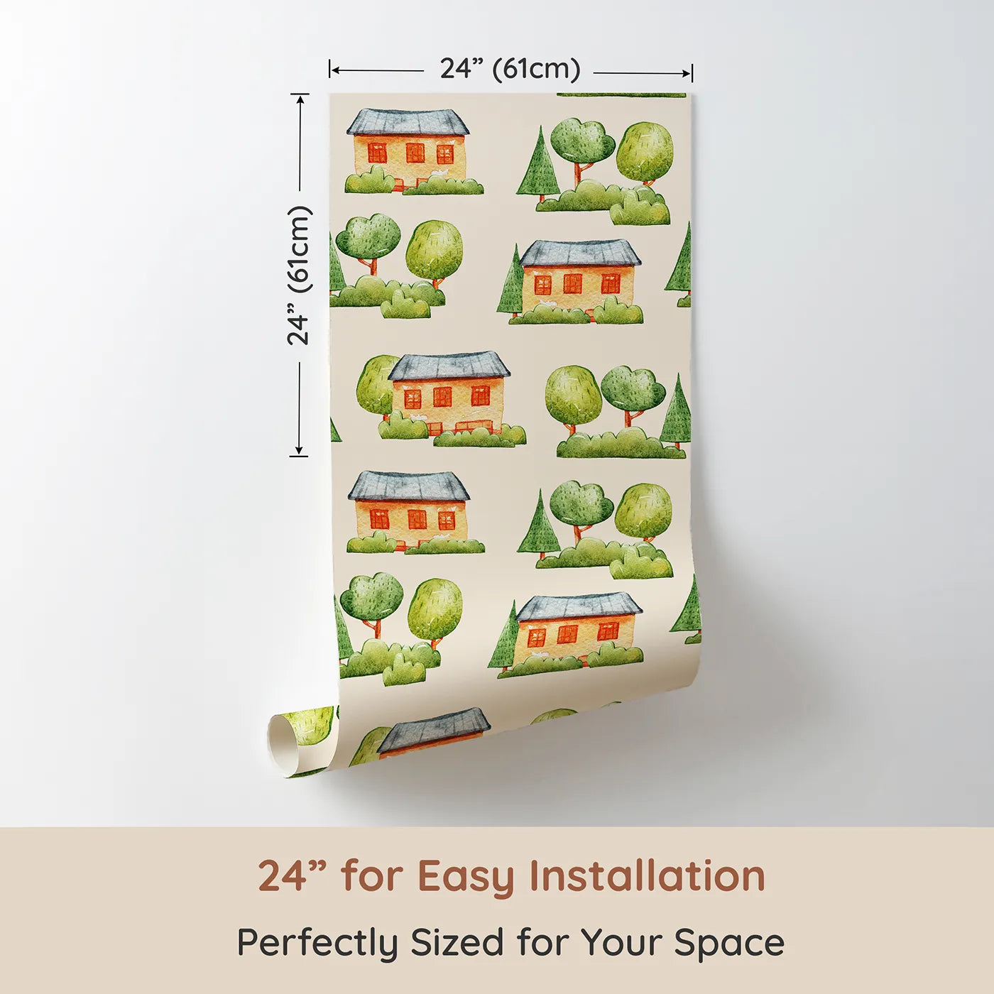 Dimension view of Whimsy Tots Cottage Garden Village Wallpaper in Cream (W3286C). Printed in 24-inch-wide panel for easy installation. Storybook cottages nestle among trees in a peaceful cream-colored scene.