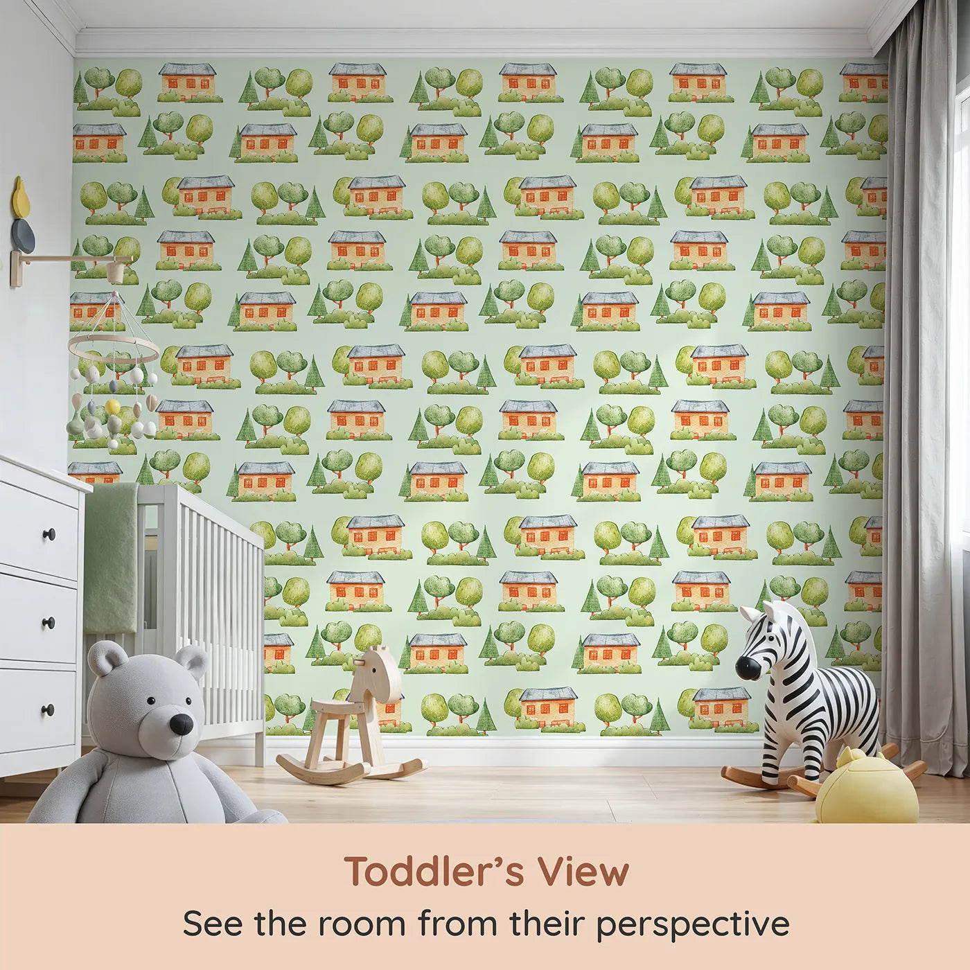 Whimsy Tots Cottage Garden Village Wallpaper in Mint Green (W3286D) from your child's view.Cottages bloom among trees on a fresh minty green backdrop.
