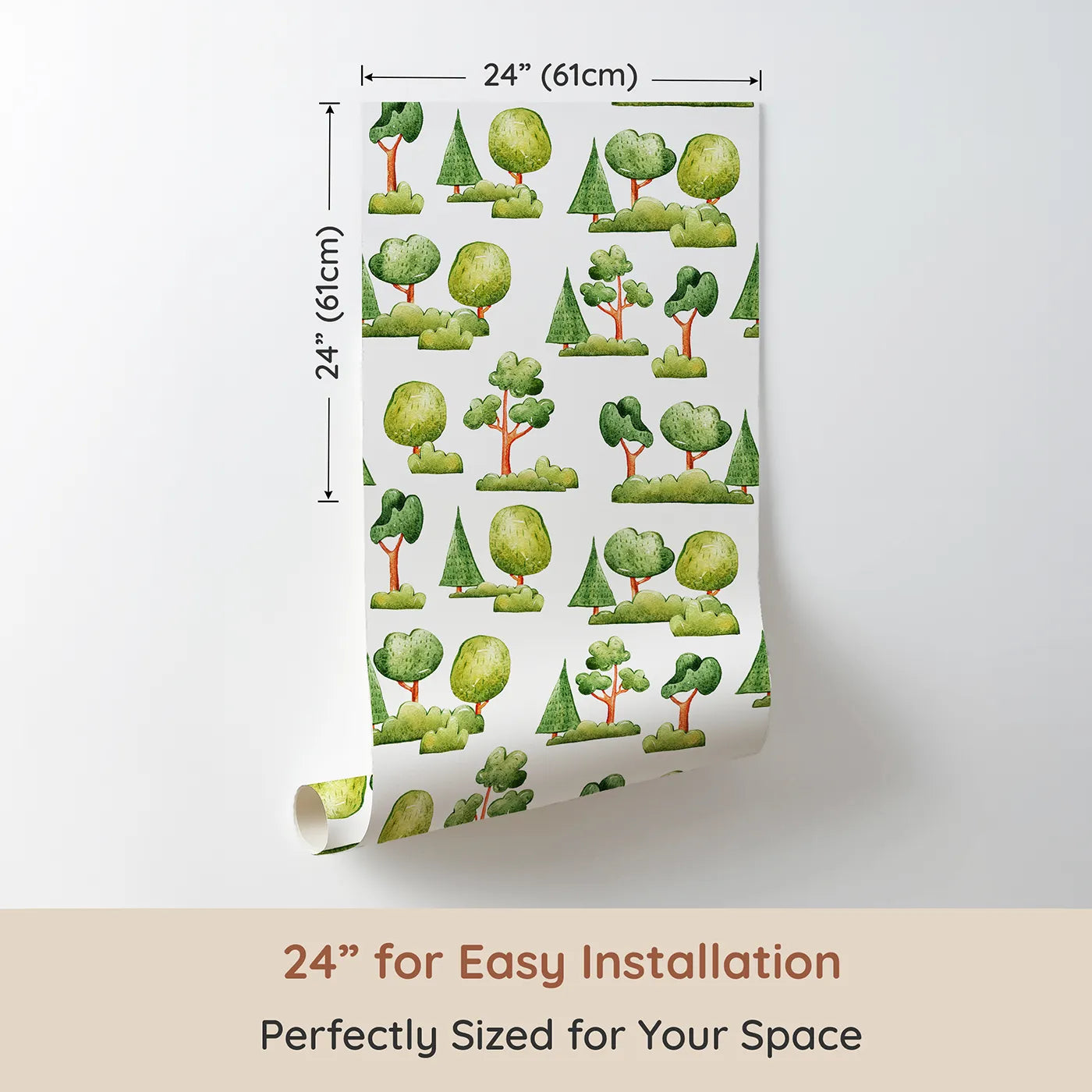 Dimension view of Whimsy Tots Forest Meadow Grove Wallpaper in White (W3287A). Printed in 24-inch-wide panel for easy installation. Hand-painted trees and soft green shrubs turn walls into a peaceful woodland.