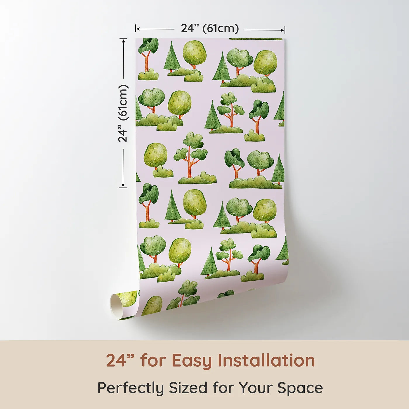 Dimension view of Whimsy Tots Forest Meadow Grove Wallpaper in Pink (W3287B). Printed in 24-inch-wide panel for easy installation. Watercolor trees bloom softly across a gentle pink backdrop.