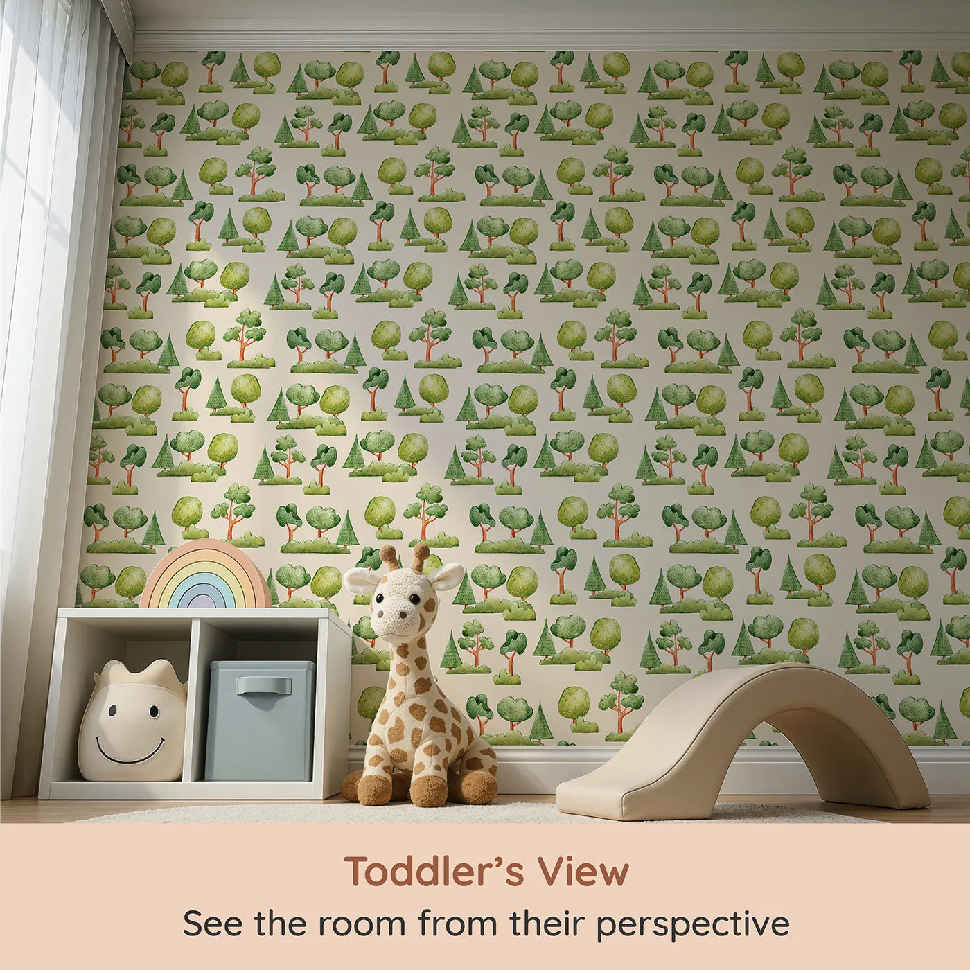 Whimsy Tots Forest Meadow Grove Wallpaper in Cream (W3287C) from your child's view.Watercolor trees rest gently on a soft cream background.